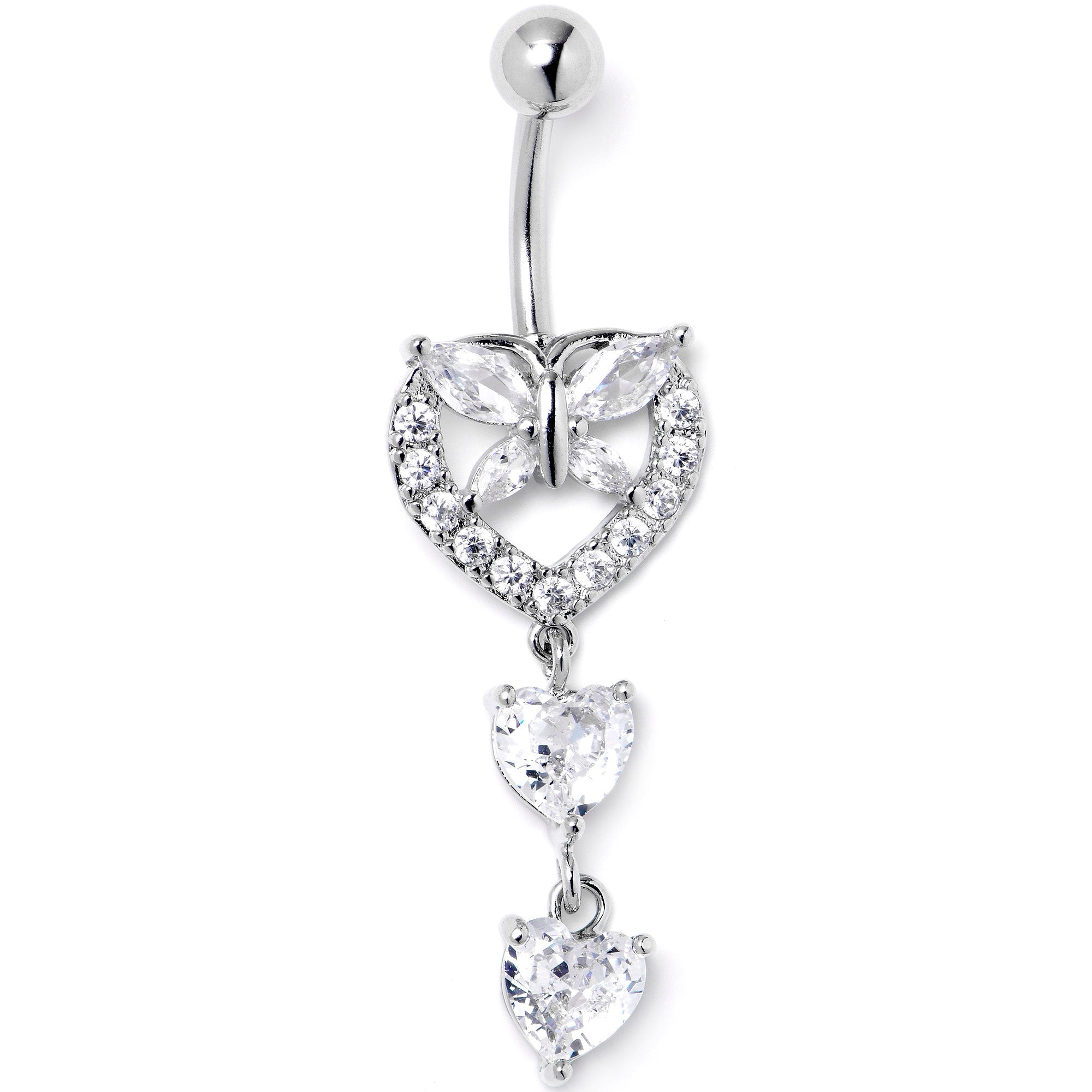 BodyCandy Clear CZ Gem Butterfly Hearts of Love Dangle Belly Ring — main product shot