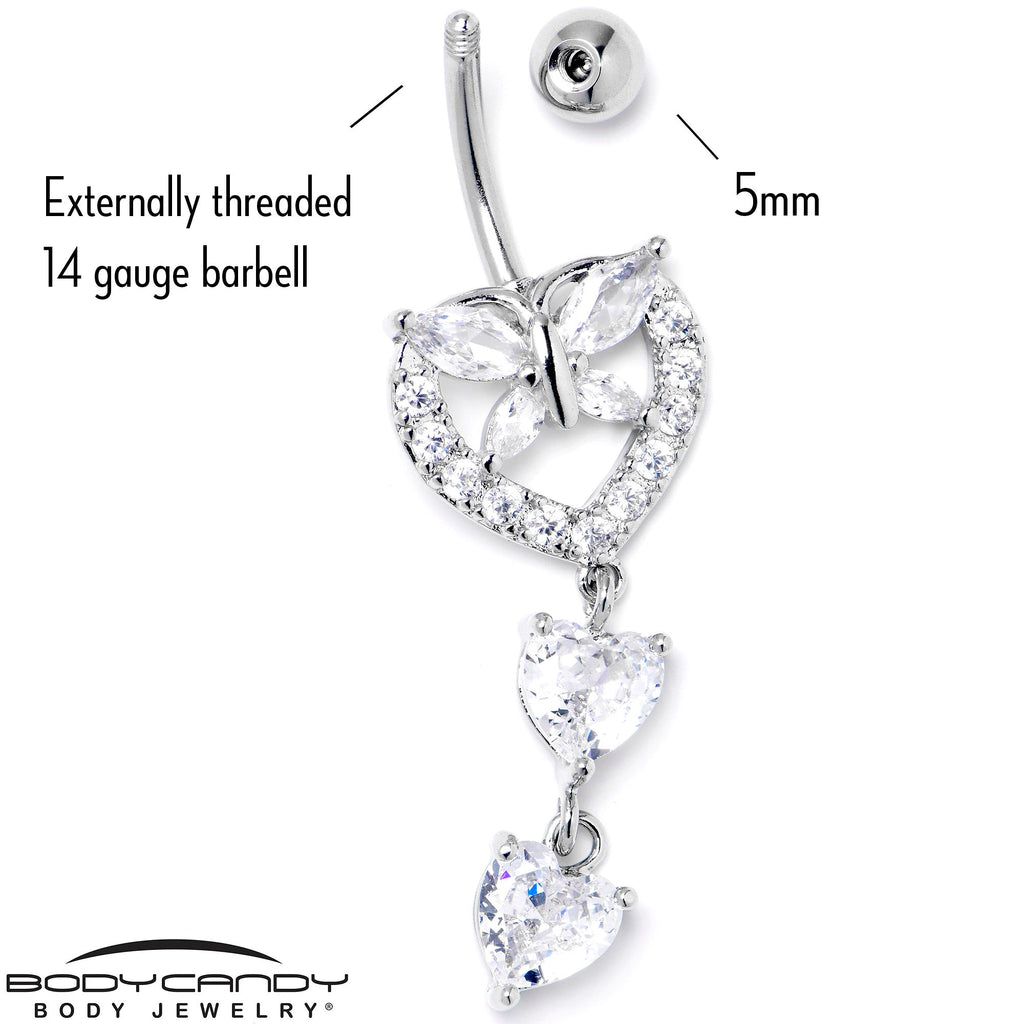 BodyCandy Clear CZ Gem Butterfly Hearts of Love Dangle Belly Ring — side view