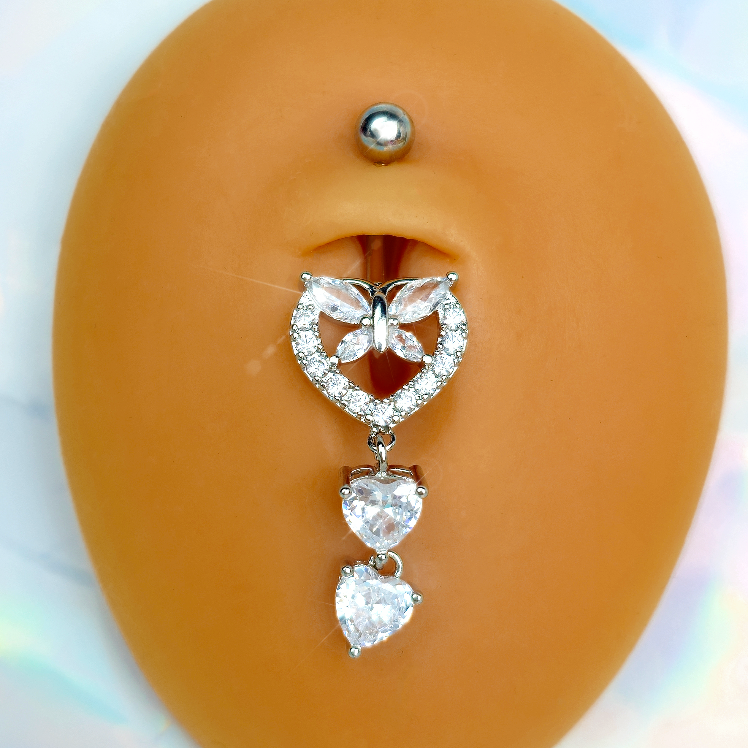 BodyCandy Clear CZ Gem Butterfly Hearts of Love Dangle Belly Ring — detail close-up