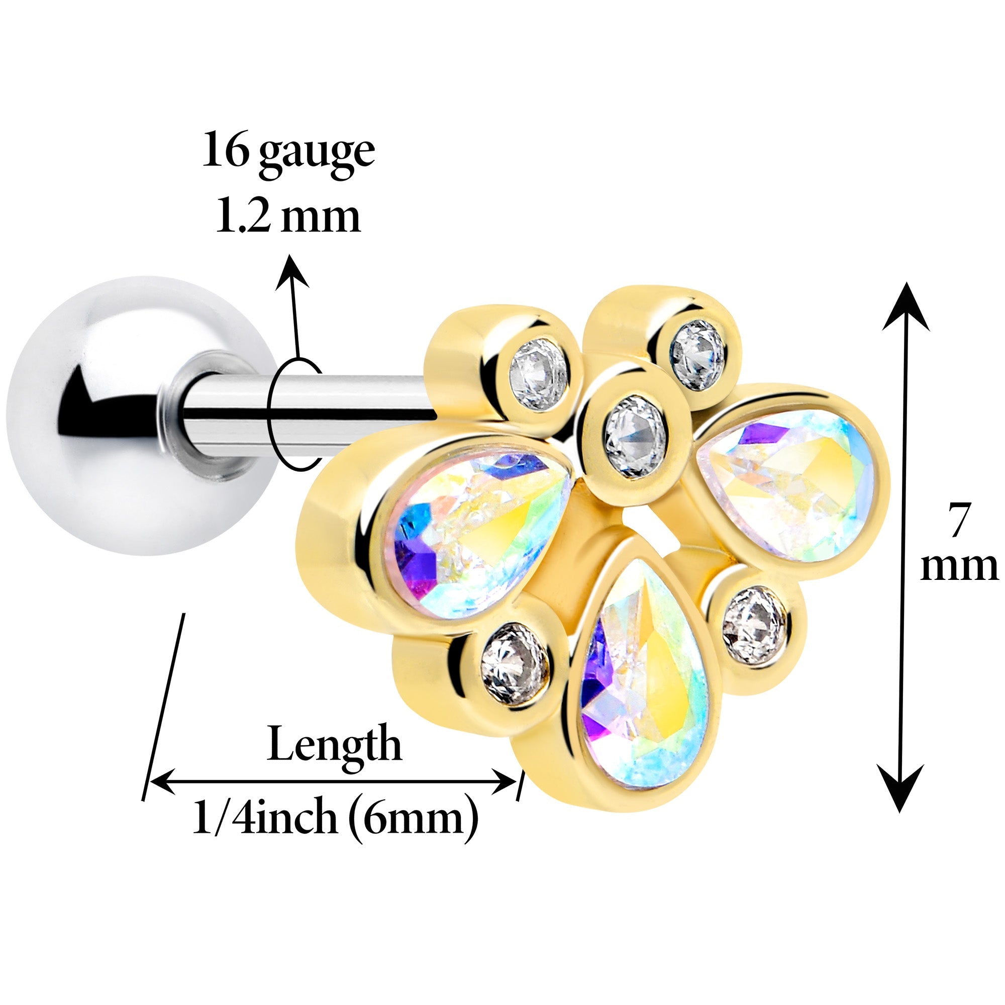 BodyCandy 16G 1/4 Aurora Gem Golden Crown Deluxe Cartilage Tragus Earring — detail close-up