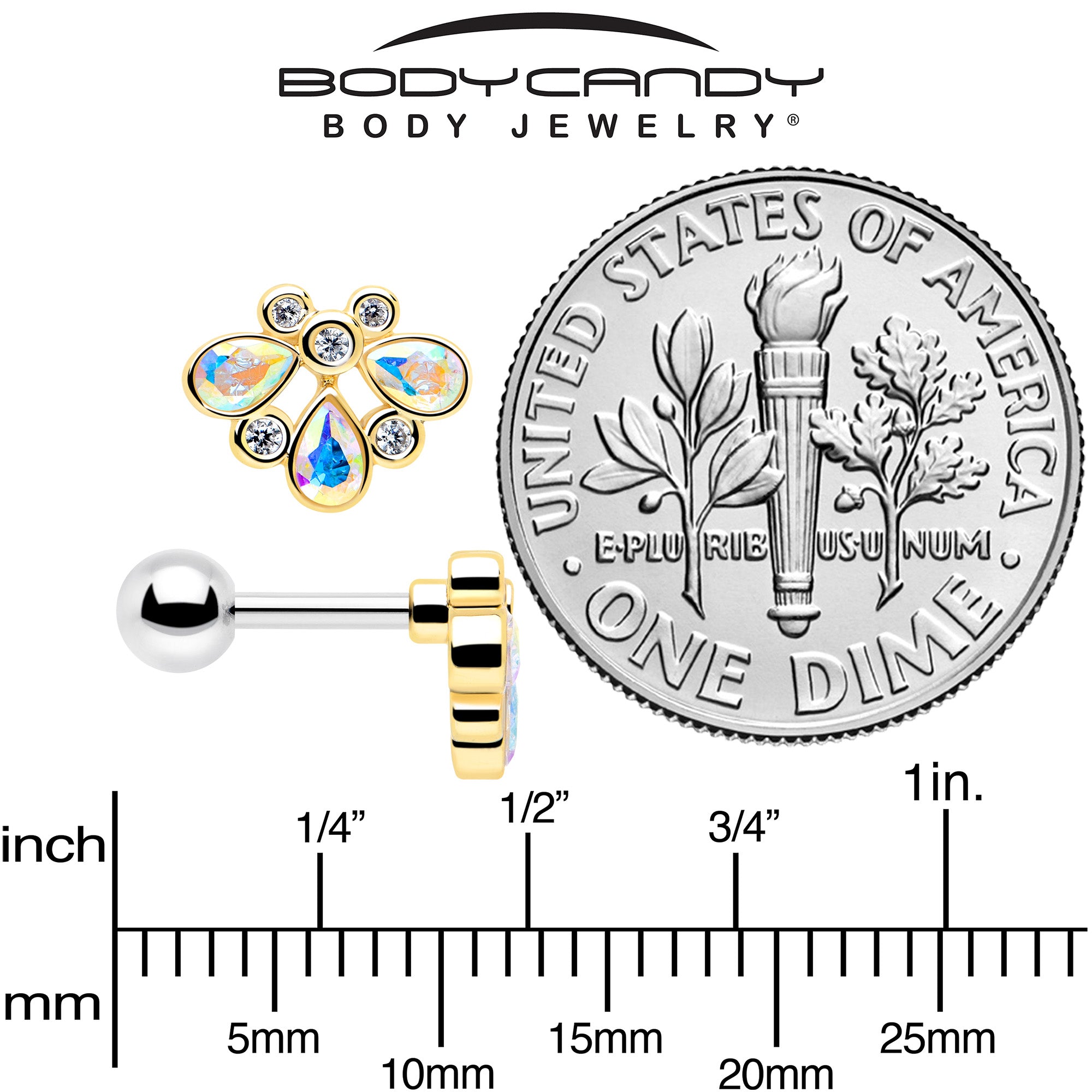 BodyCandy 16G 1/4 Aurora Gem Golden Crown Deluxe Cartilage Tragus Earring — back view