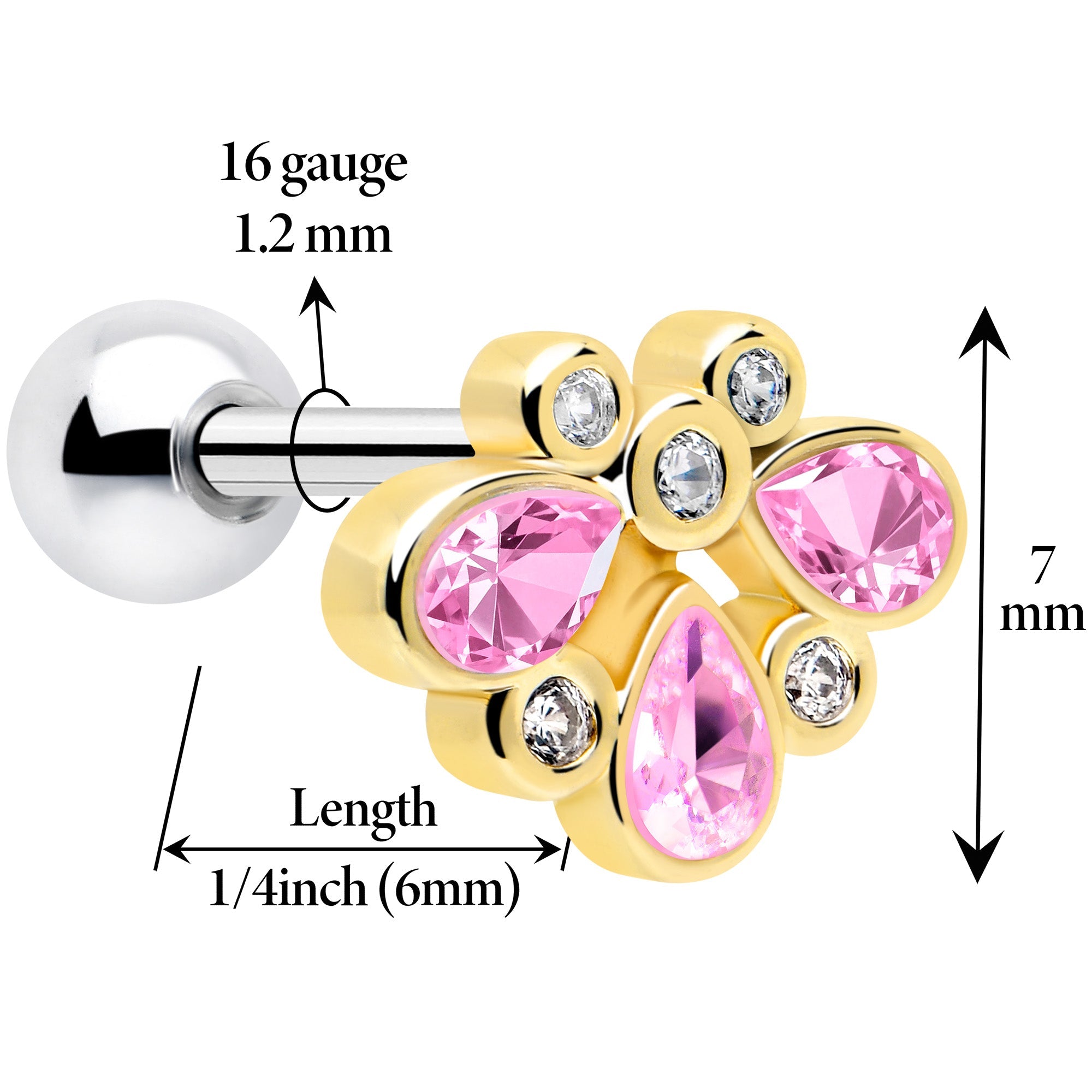 BodyCandy 16G 1/4 Pink Gem Golden Crown Deluxe Cartilage Tragus Earring — detail close-up