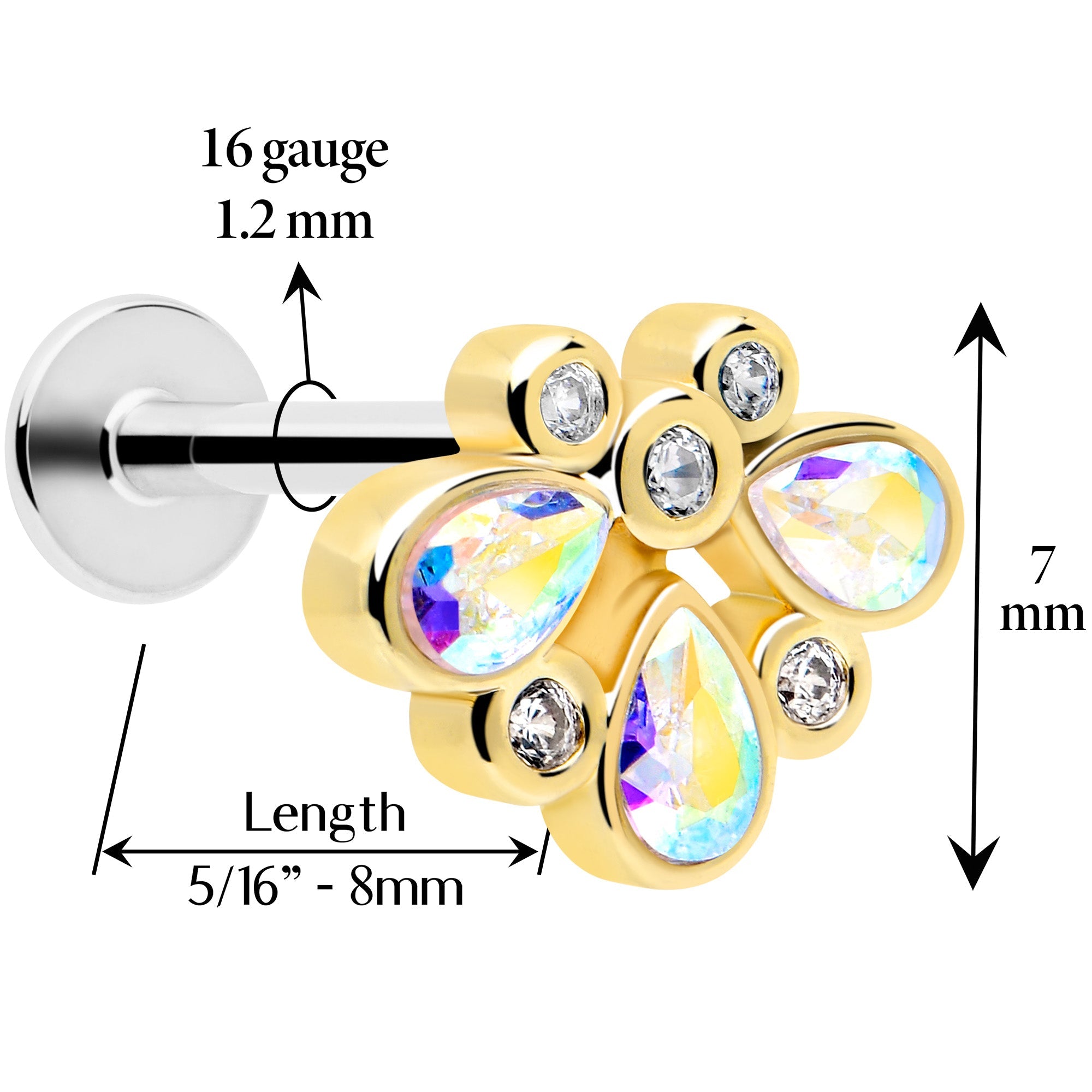 BodyCandy 16G 1/4 Aurora Gem Golden Crown Deluxe Labret — detail close-up