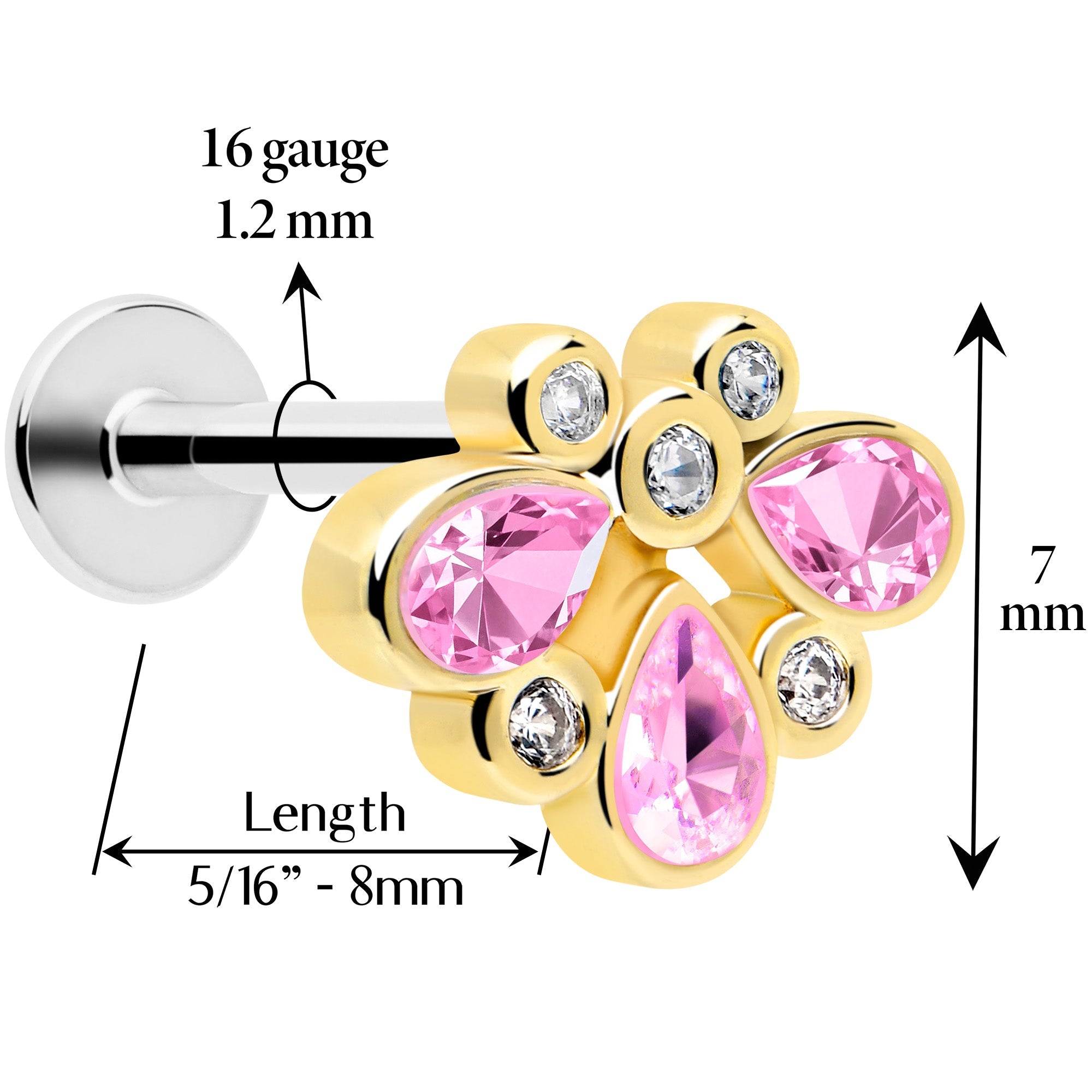 BodyCandy 16G 1/4 Pink Gem Golden Crown Deluxe Labret — detail close-up
