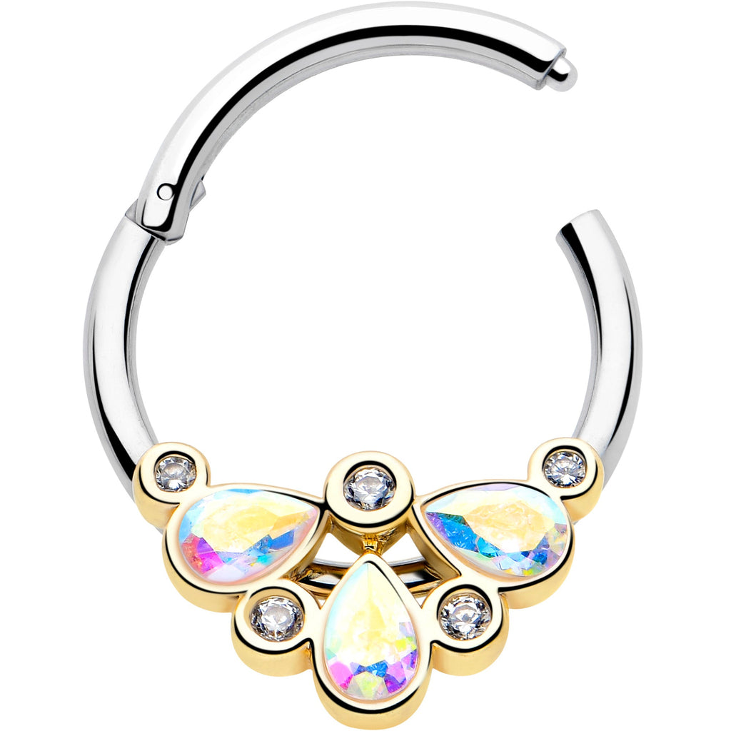 BodyCandy 16G 3/8 Aurora Gem Golden Crown Deluxe Hinged Segment Ring — detail close-up