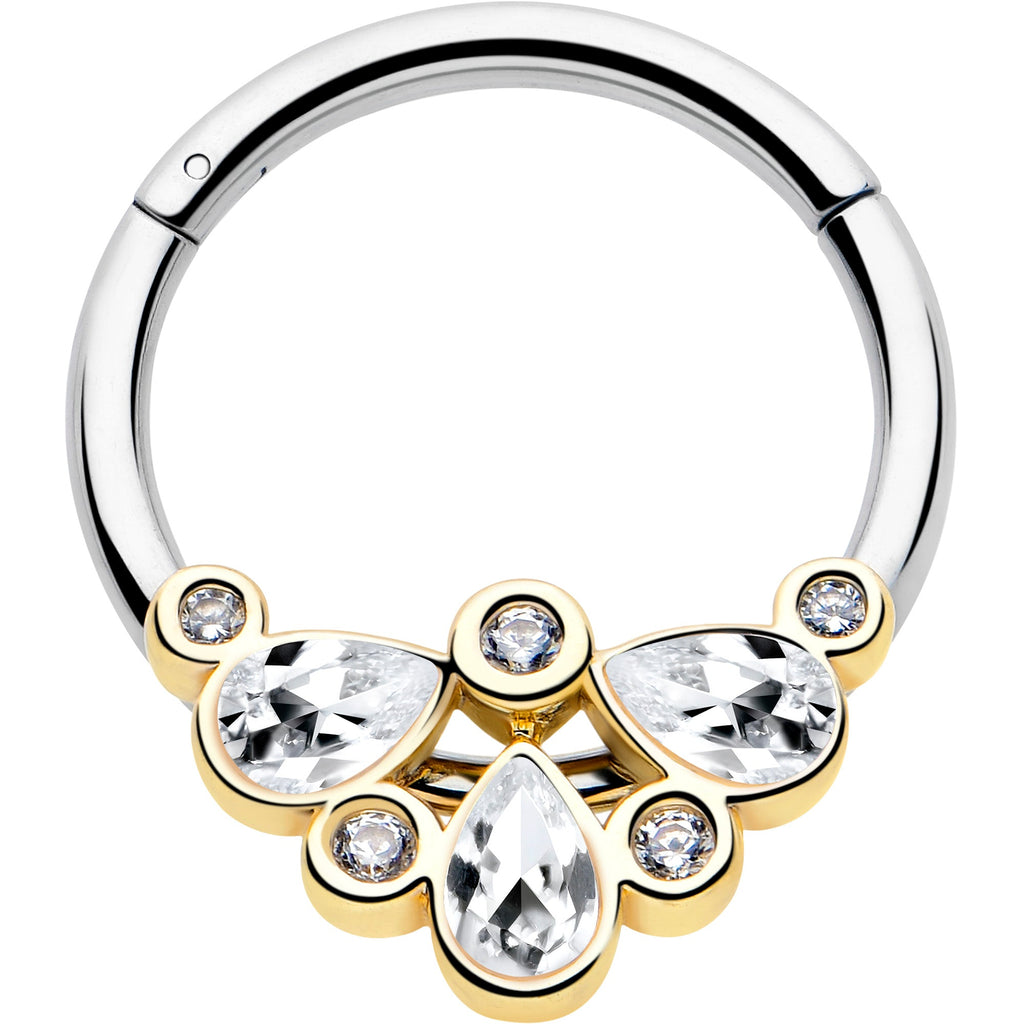 BodyCandy 16G 3/8 Clear Gem Golden Crown Deluxe Hinged Segment Ring — main product shot