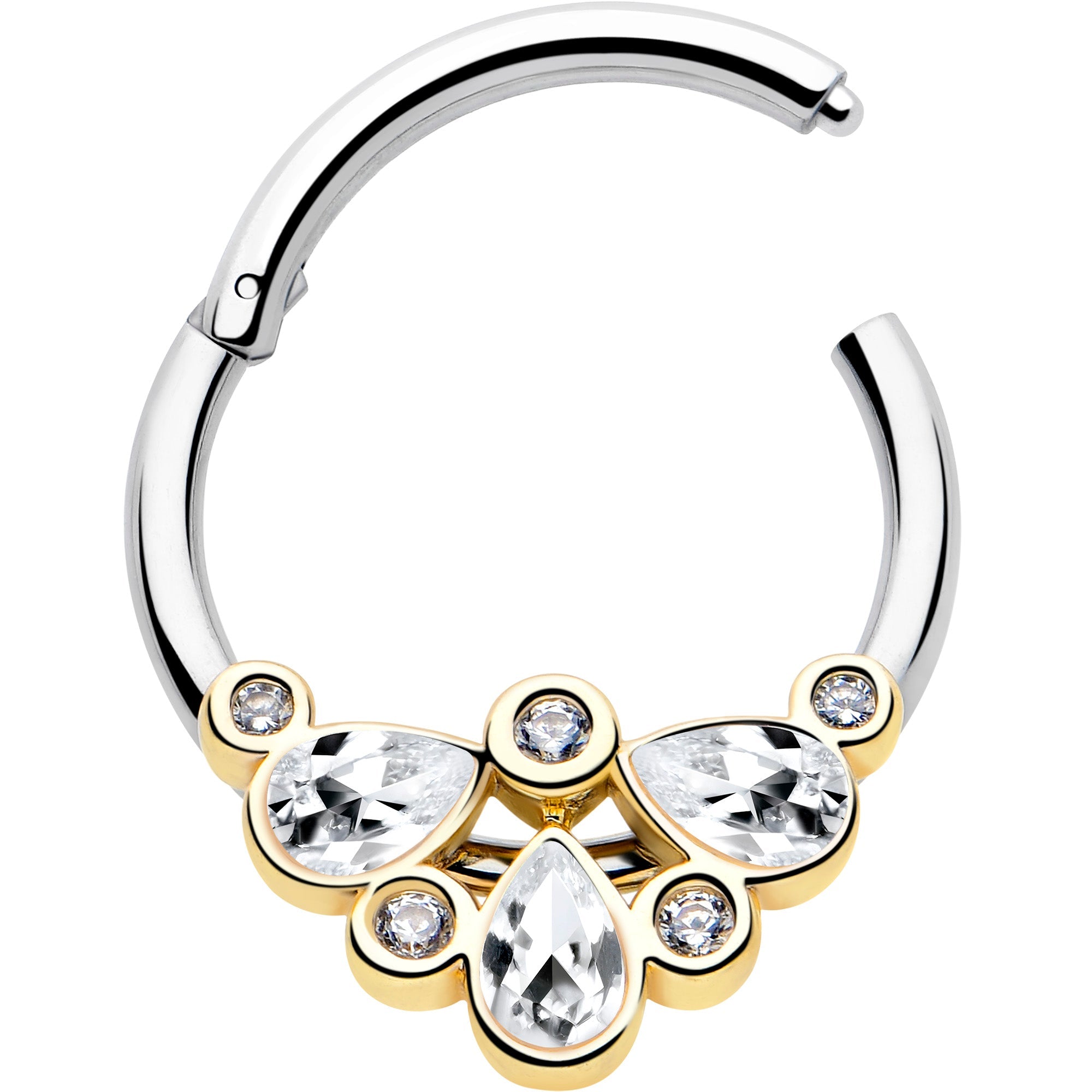 BodyCandy 16G 3/8 Clear Gem Golden Crown Deluxe Hinged Segment Ring — detail close-up