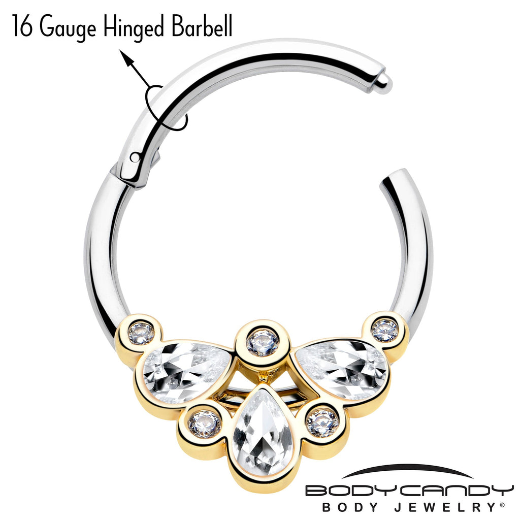 BodyCandy 16G 3/8 Clear Gem Golden Crown Deluxe Hinged Segment Ring — lifestyle context