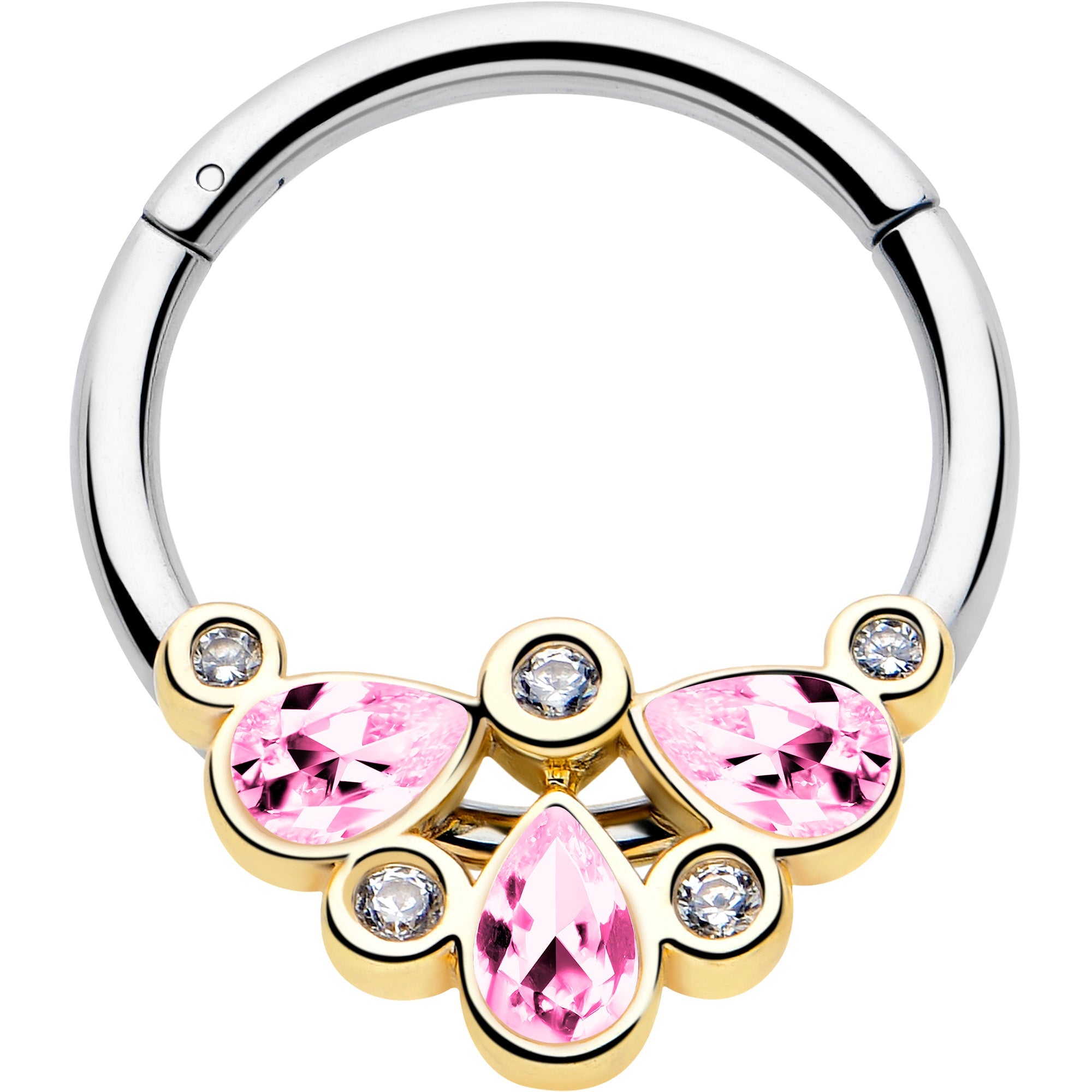 BodyCandy 16G 3/8 Pink Gem Golden Crown Deluxe Hinged Segment Ring — main product shot