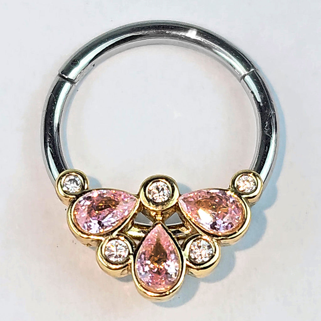 BodyCandy 16G 3/8 Pink Gem Golden Crown Deluxe Hinged Segment Ring — back view
