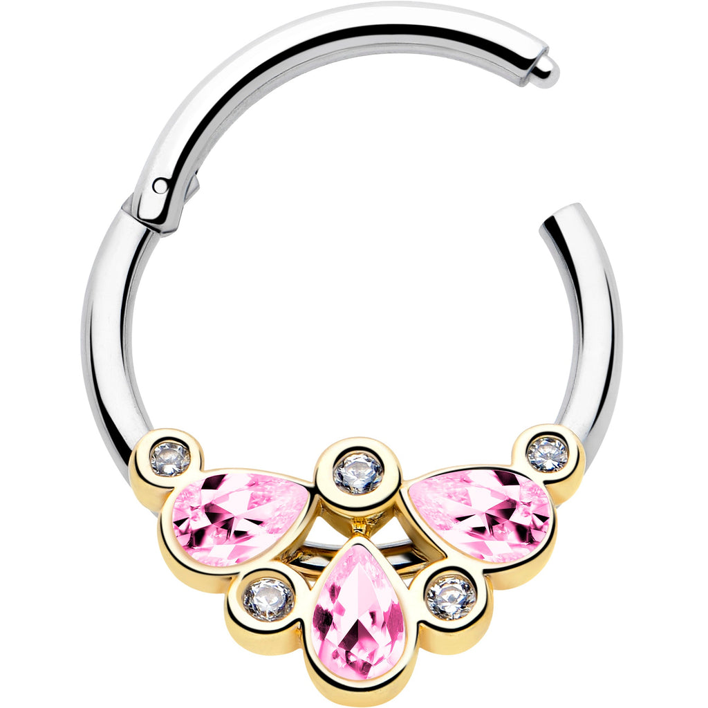 BodyCandy 16G 3/8 Pink Gem Golden Crown Deluxe Hinged Segment Ring — detail close-up