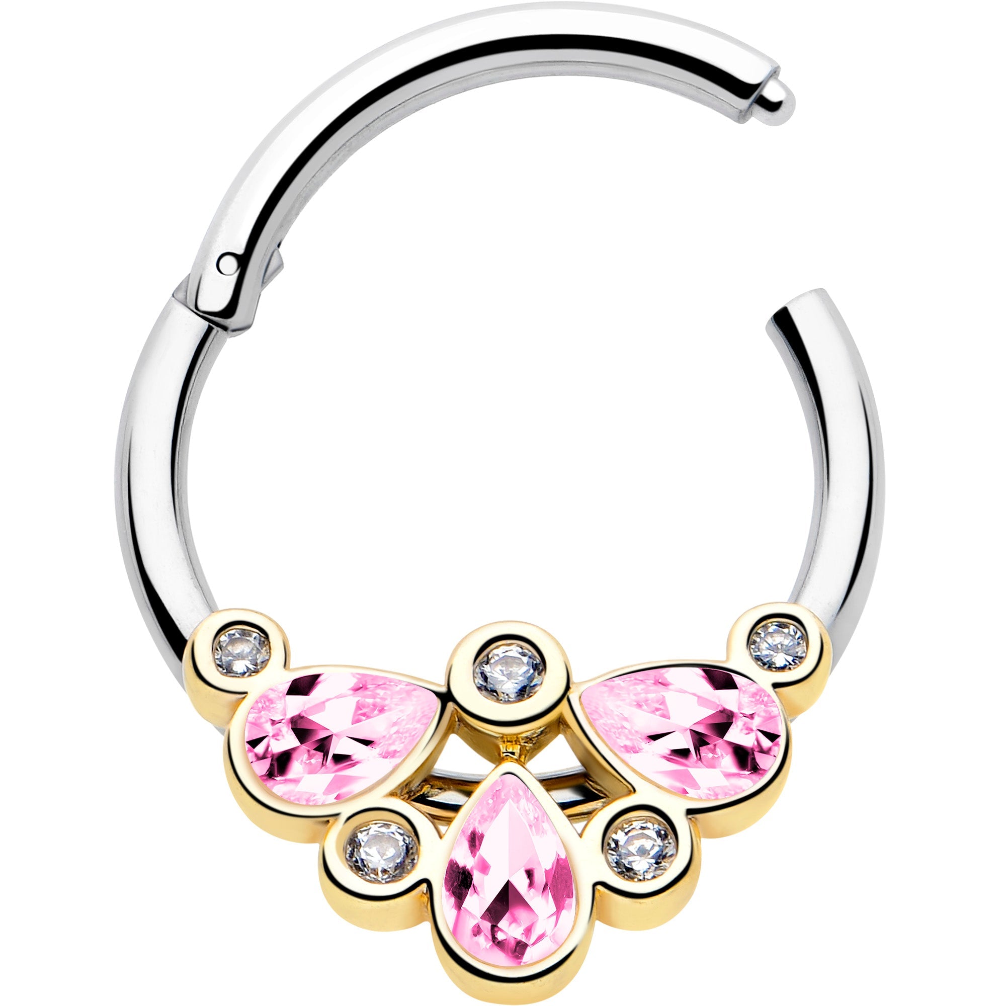 BodyCandy 16G 3/8 Pink Gem Golden Crown Deluxe Hinged Segment Ring — detail close-up