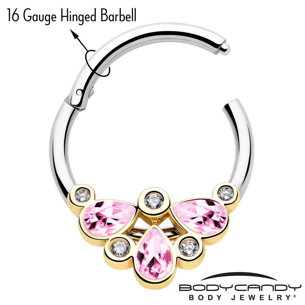 BodyCandy 16G 3/8 Pink Gem Golden Crown Deluxe Hinged Segment Ring — lifestyle context