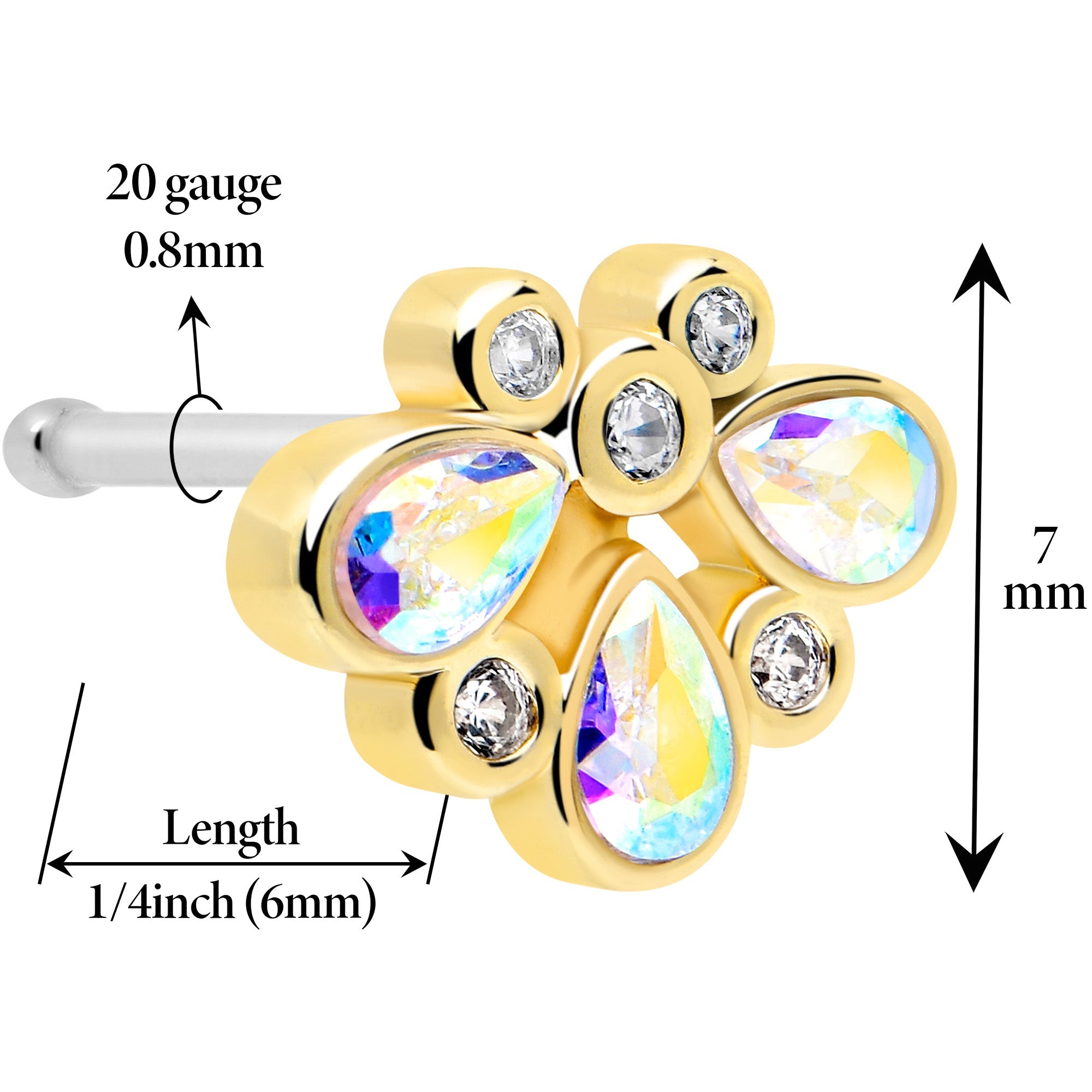 BodyCandy 20G 1/4 Aurora Gem Golden Crown Deluxe Nose Bone — detail close-up