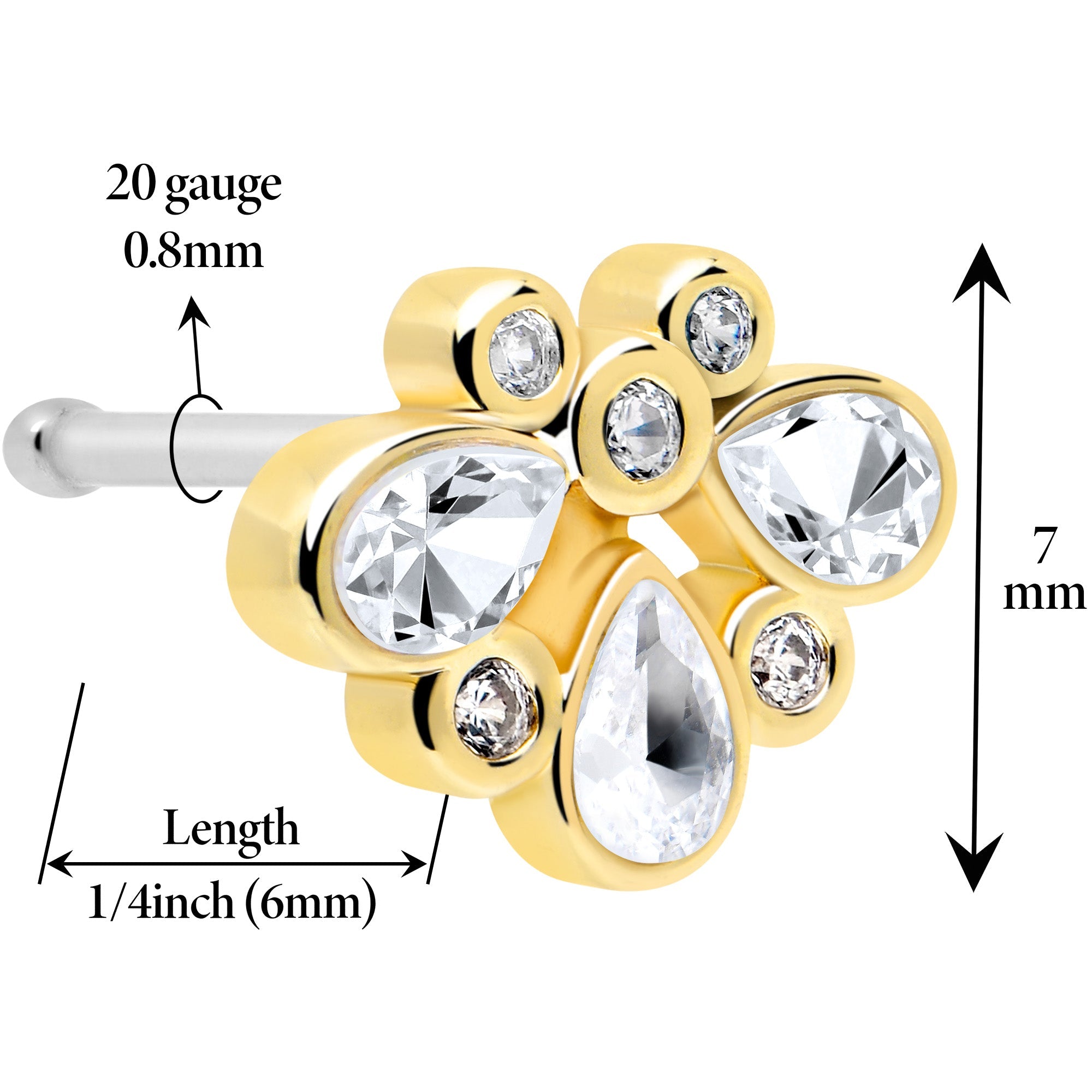 BodyCandy 20G 1/4 Clear Gem Golden Crown Deluxe Nose Bone — detail close-up