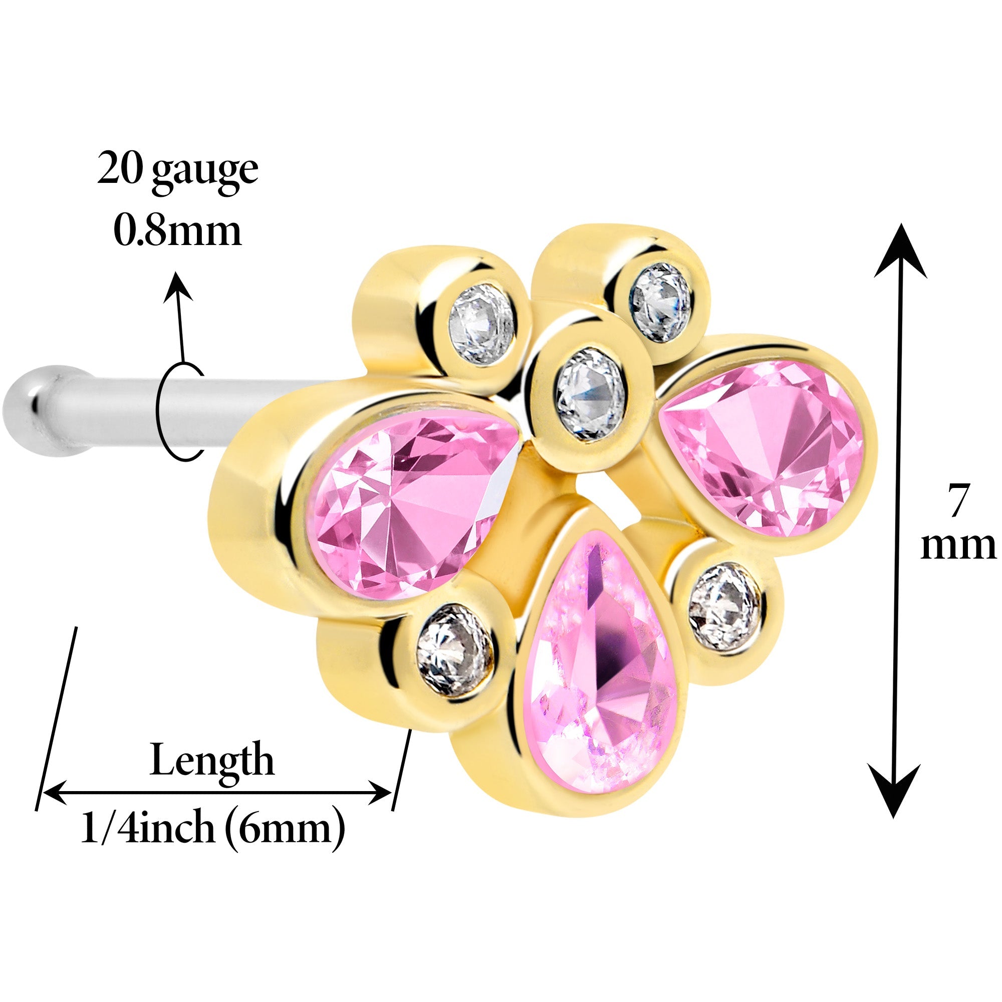 BodyCandy 20G 1/4 Pink Gem Golden Crown Deluxe Nose Bone — detail close-up