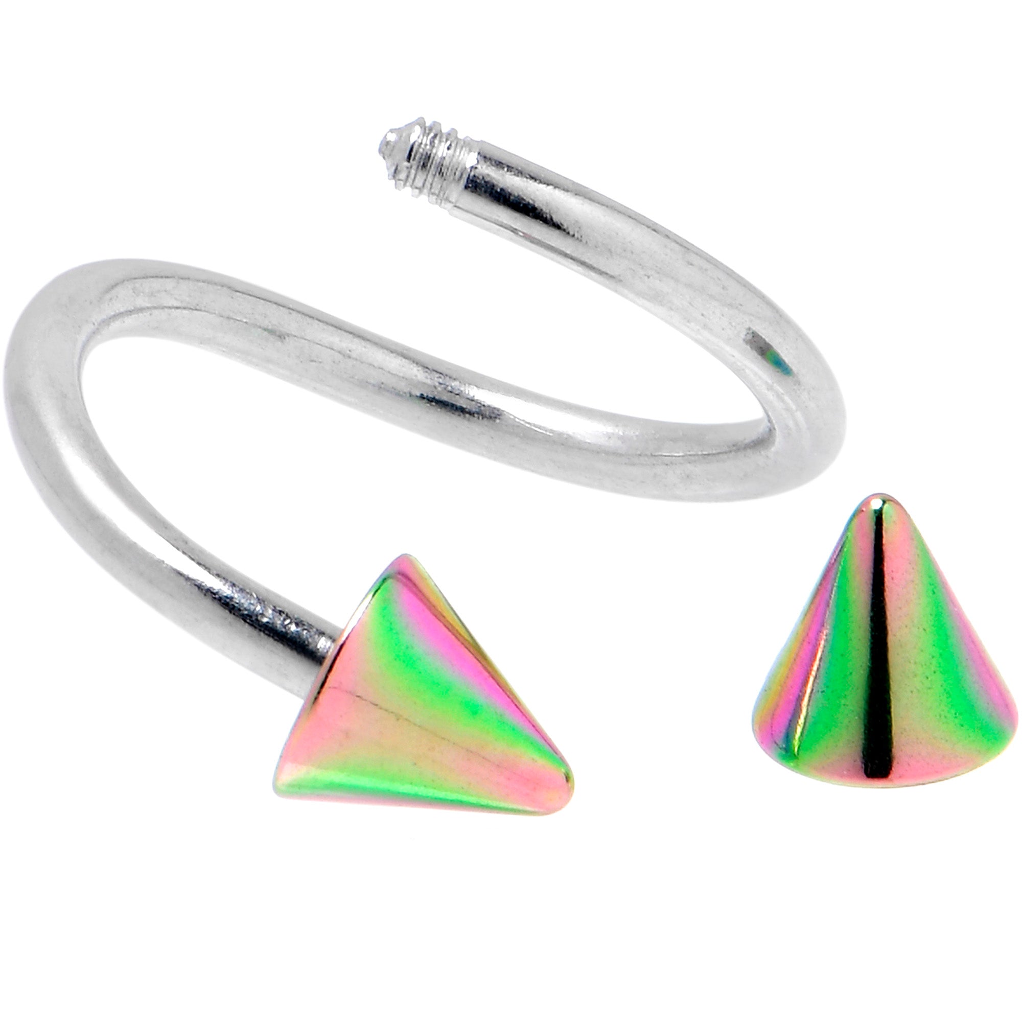 BodyCandy 16G 3/8 Rainbow Cone Ends Spiral Twister Eyebrow Ring — detail close-up