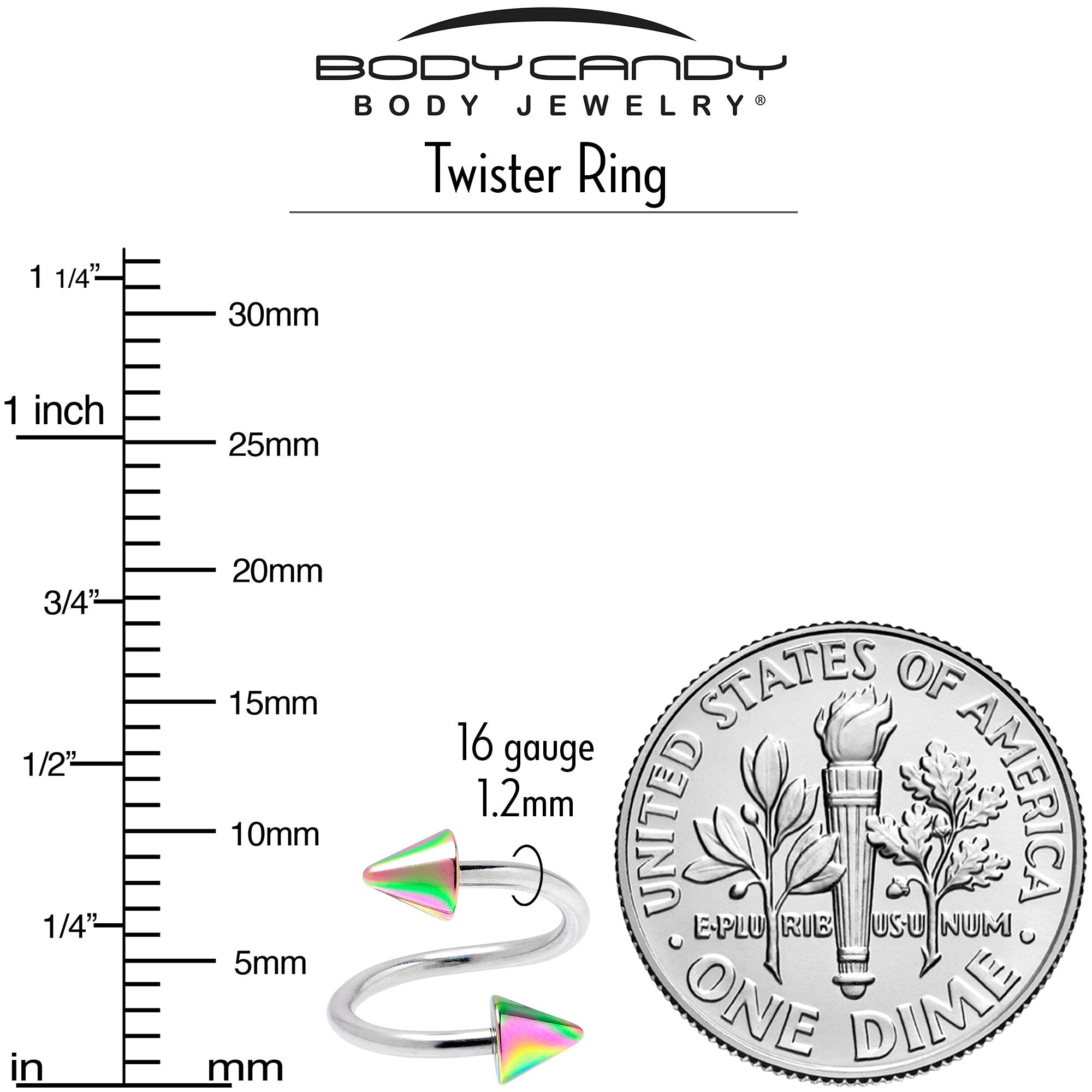 BodyCandy 16G 3/8 Rainbow Cone Ends Spiral Twister Eyebrow Ring — side view