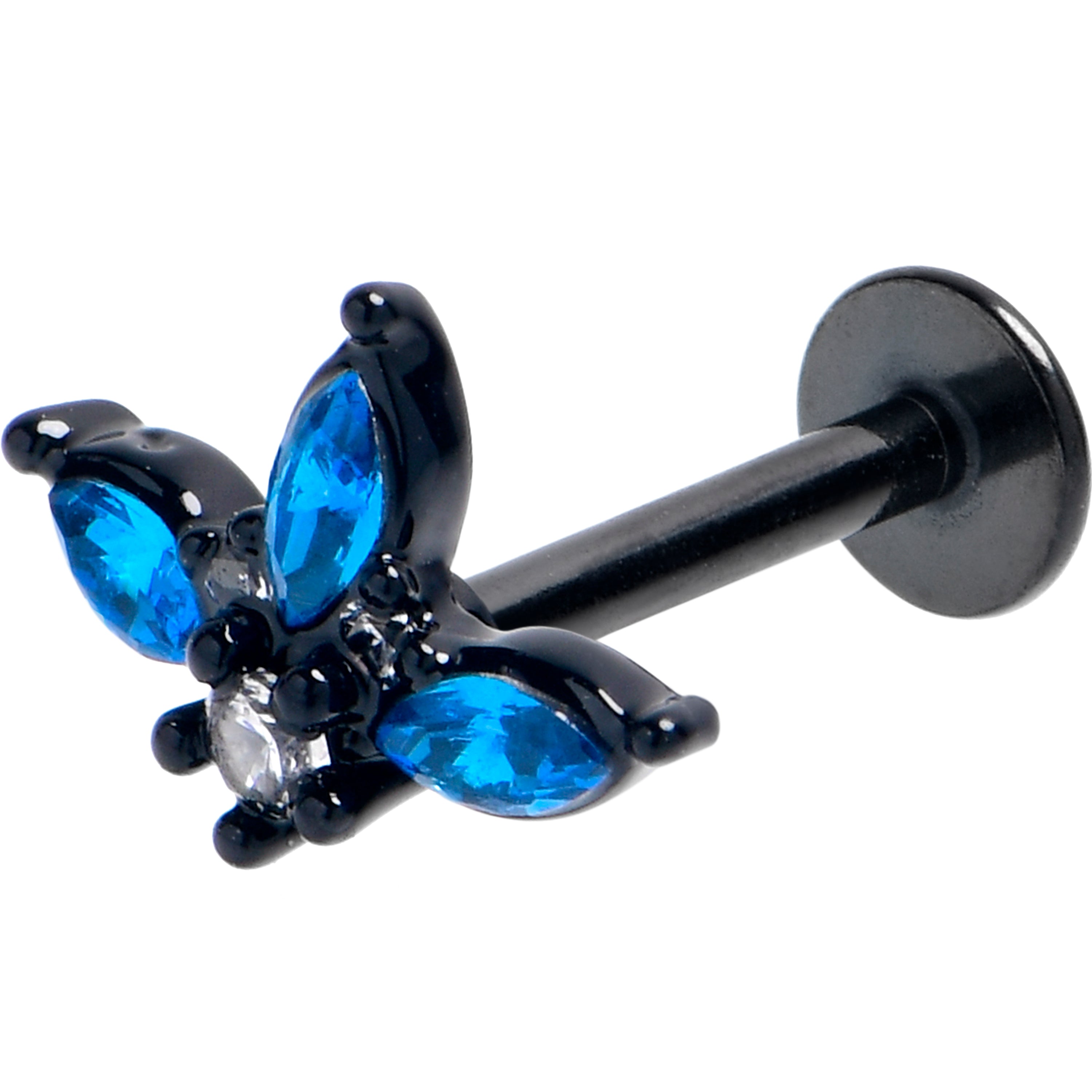 BodyCandy 16G 5/16 Blue Clear Gem Black Goth Flower Labret Monroe Tragus — main product shot