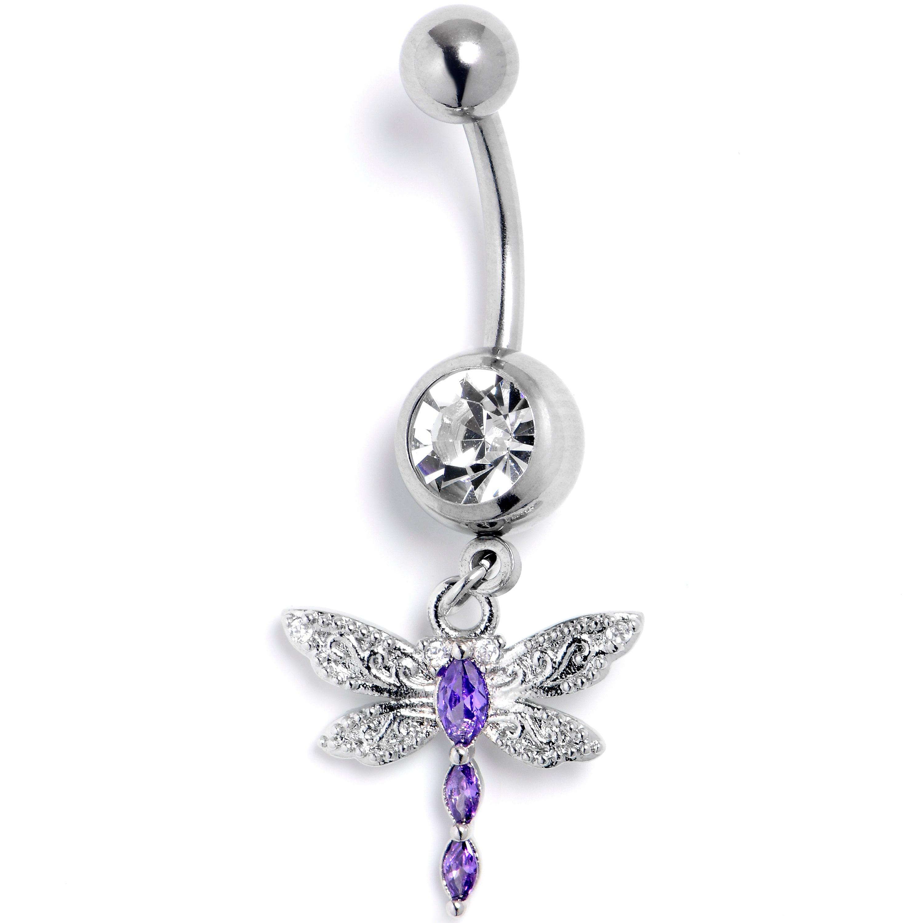 BodyCandy Clear Purple Gem Texture Dragonfly Dangle Belly Ring — main product shot