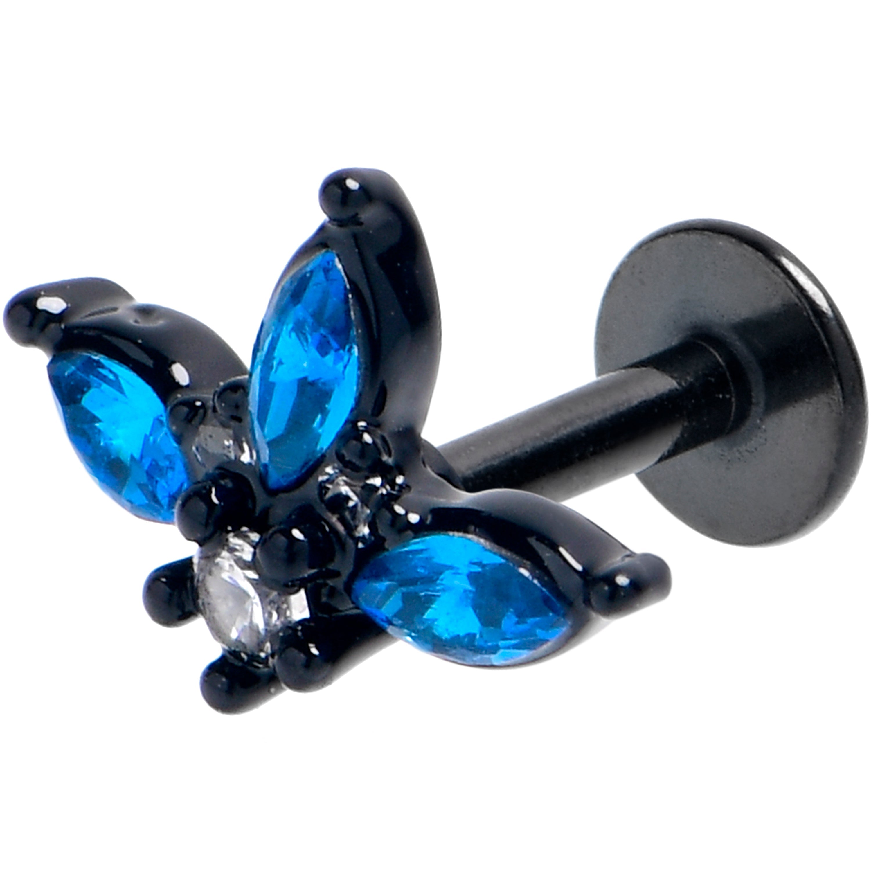 BodyCandy 16G 1/4 Blue Clear Gem Black Goth Flower Labret Tragus — main product shot