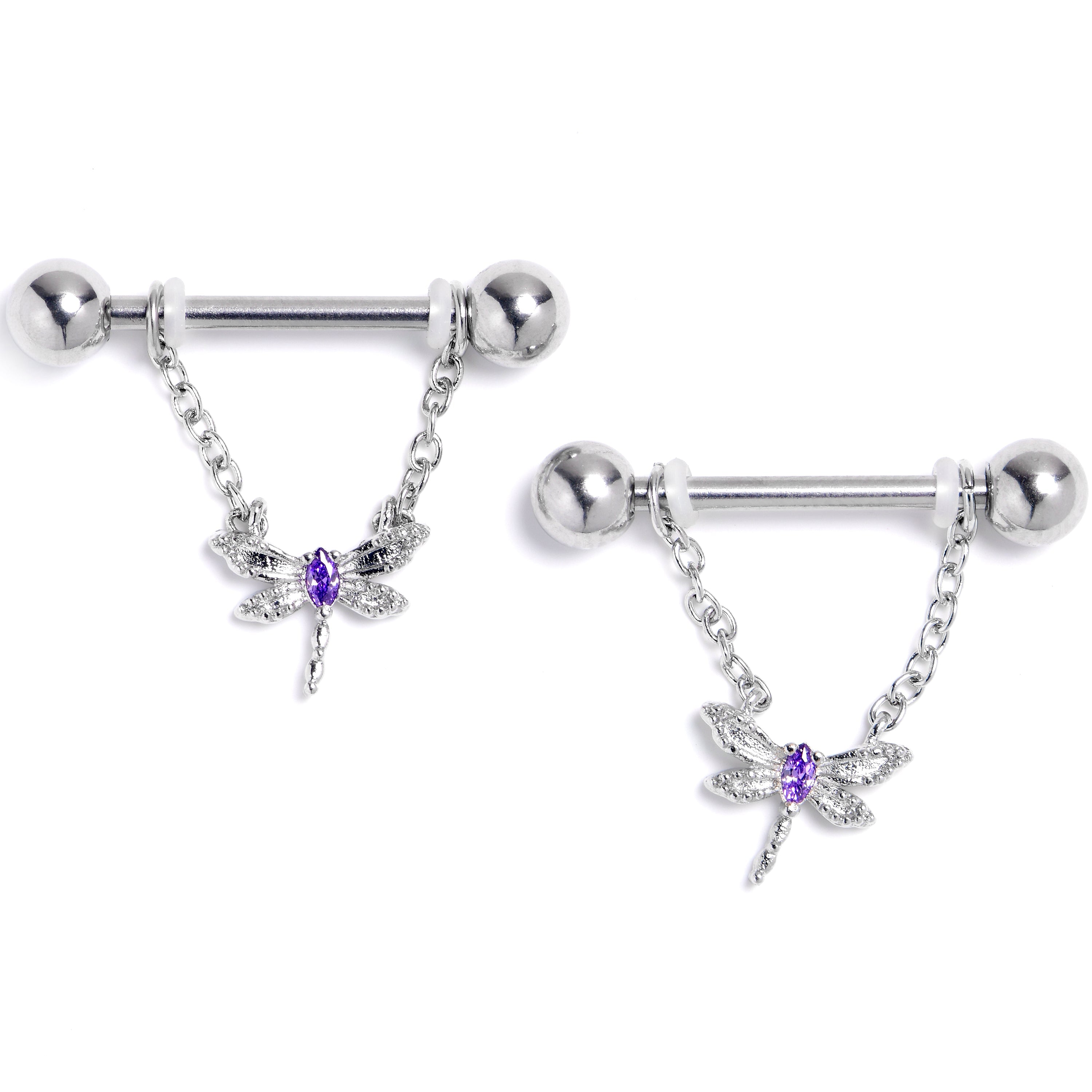 BodyCandy 14G 9/16 Purple Gem Texture Dragonfly Dangle Nipple Ring Set — main product shot