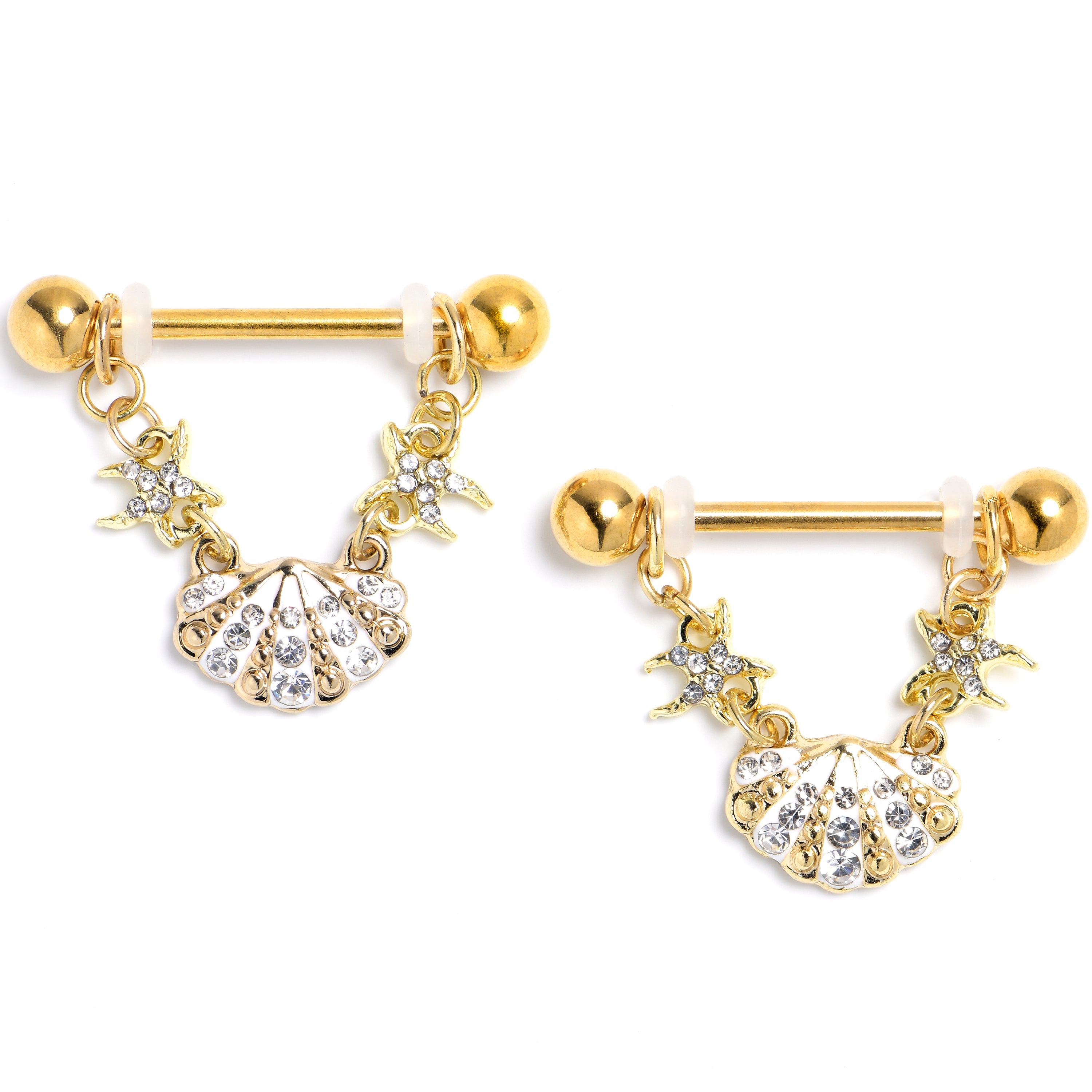 BodyCandy 14G 9/16 Clear Gem Gold Tone Sea Shell Glam Dangle Nipple Ring Set — main product shot