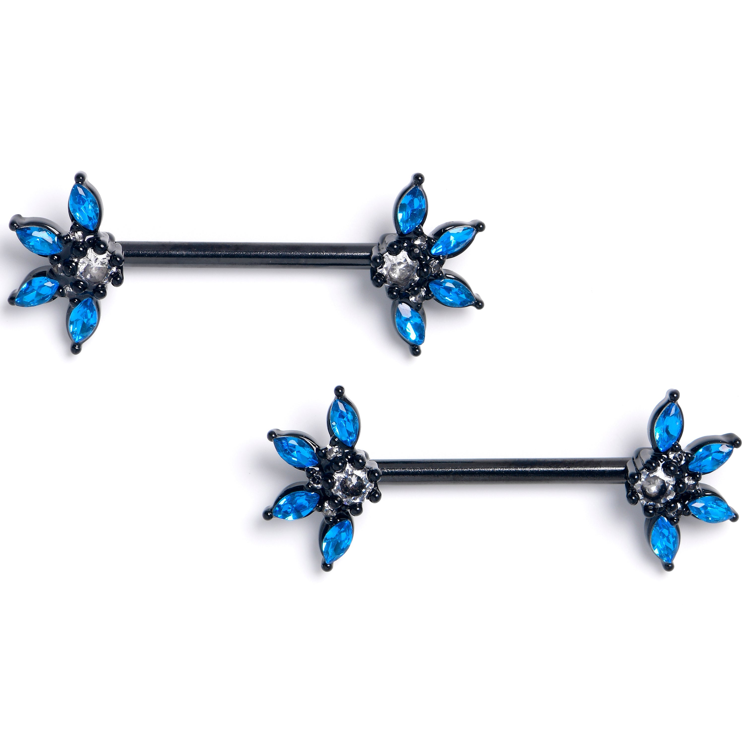 BodyCandy 14G 9/16 Blue Clear Gem Black Goth Flower Barbell Nipple Ring Set — main product shot
