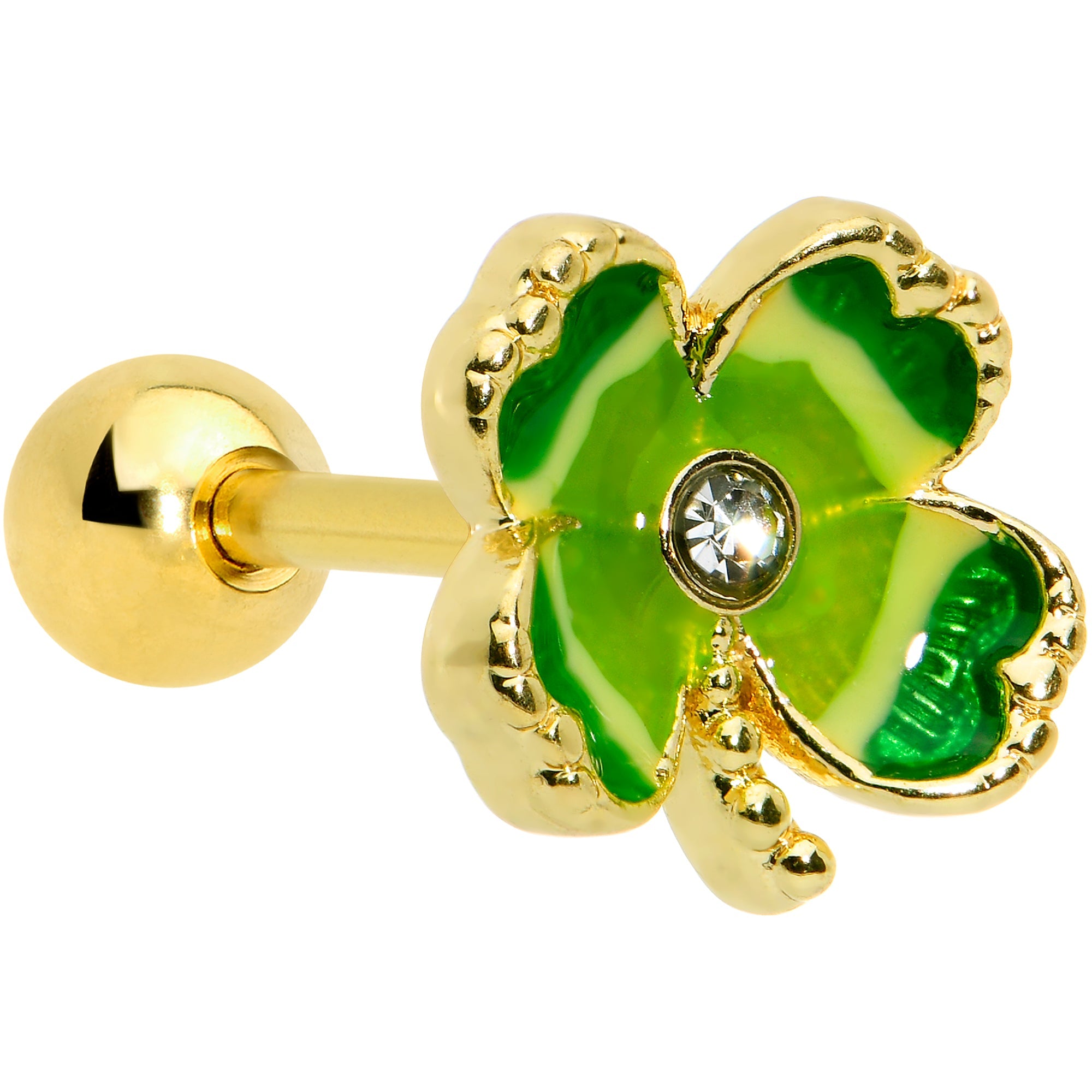 BodyCandy 16G 1/4 Clear Gem Gold Hue Lucky Shamrock Cartilage Tragus Earring — main product shot
