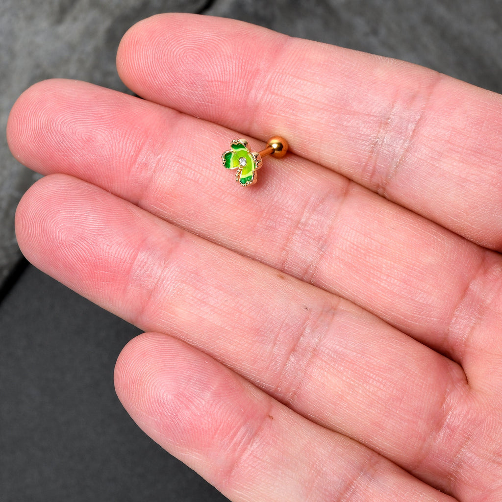 BodyCandy 16G 1/4 Clear Gem Gold Hue Lucky Shamrock Cartilage Tragus Earring — detail close-up