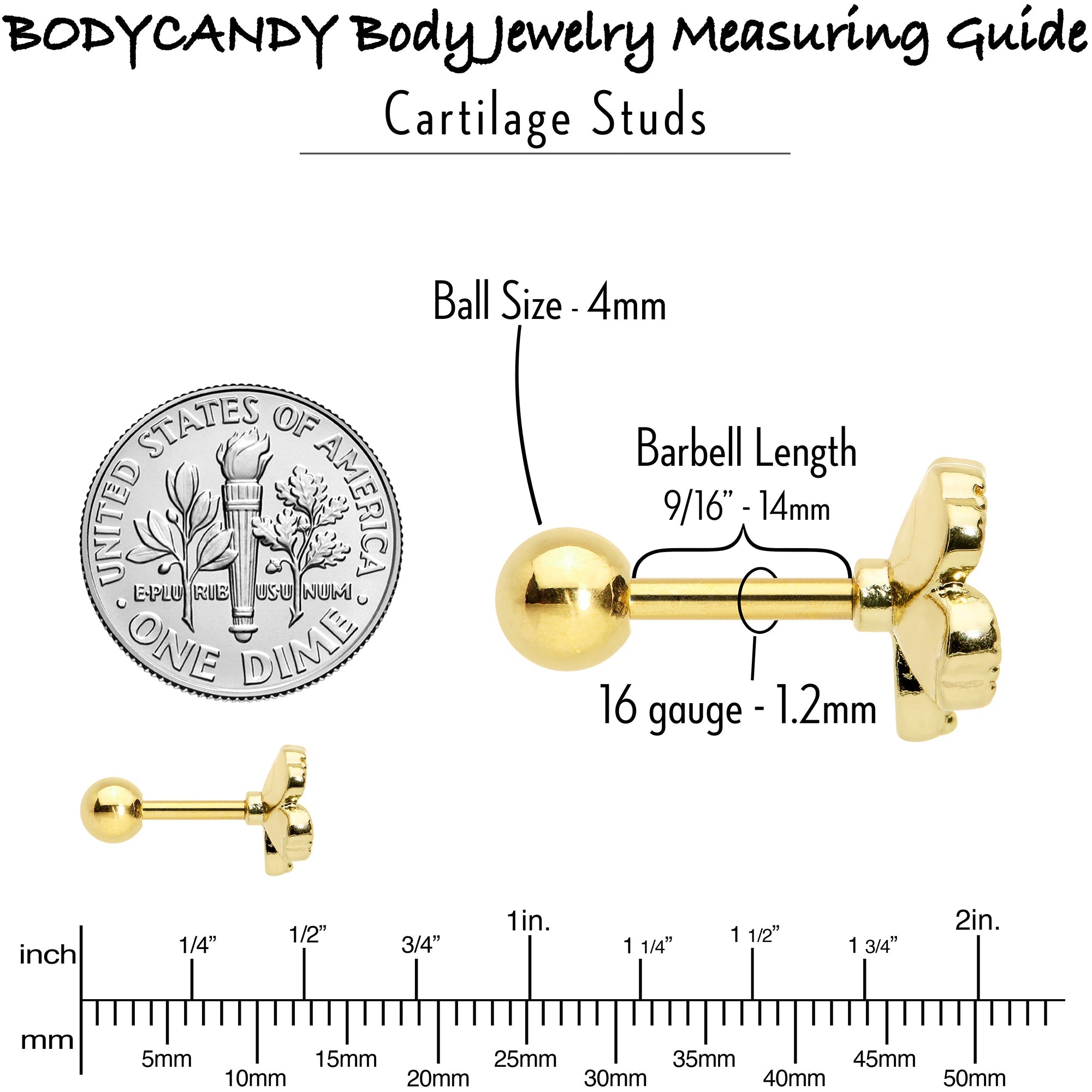 BodyCandy 16G 1/4 Clear Gem Gold Hue Lucky Shamrock Cartilage Tragus Earring — size reference