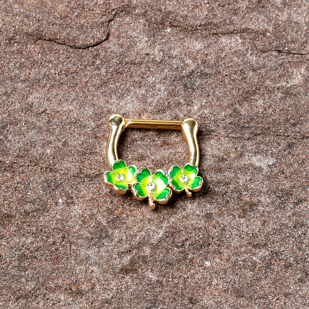 BodyCandy 16G 5/16 Clear Gem Gold Tone Lucky Shamrock Cartilage Clicker — side view