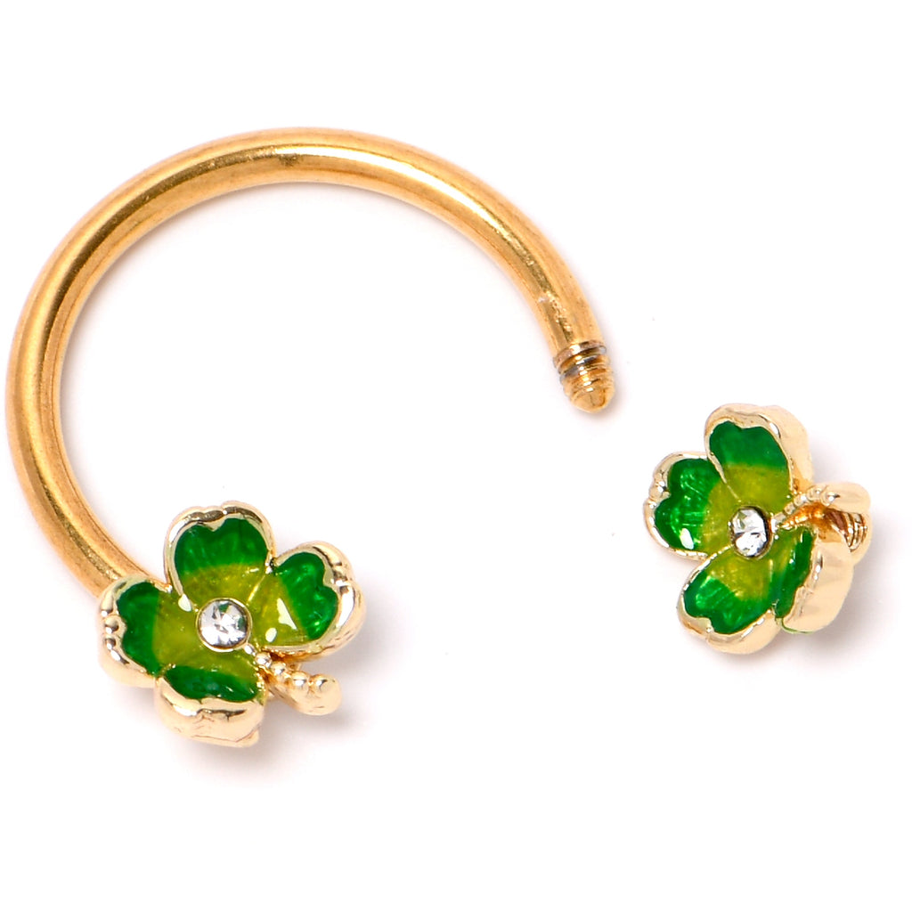 BodyCandy 16G 3/8 Clear Gem Gold Hue Lucky Shamrock Horseshoe Circular Barbell — lifestyle context