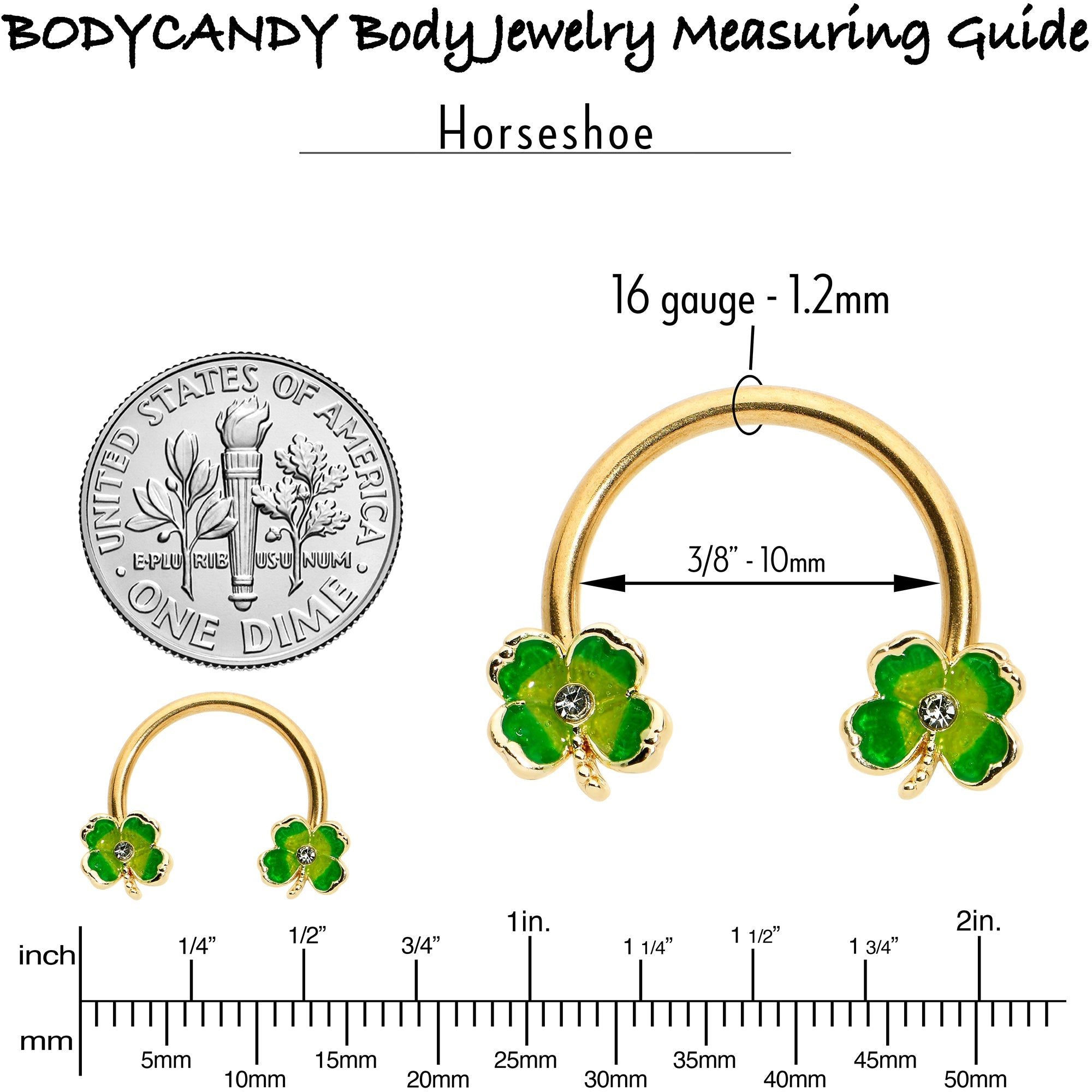 BodyCandy 16G 3/8 Clear Gem Gold Hue Lucky Shamrock Horseshoe Circular Barbell — in-use photo
