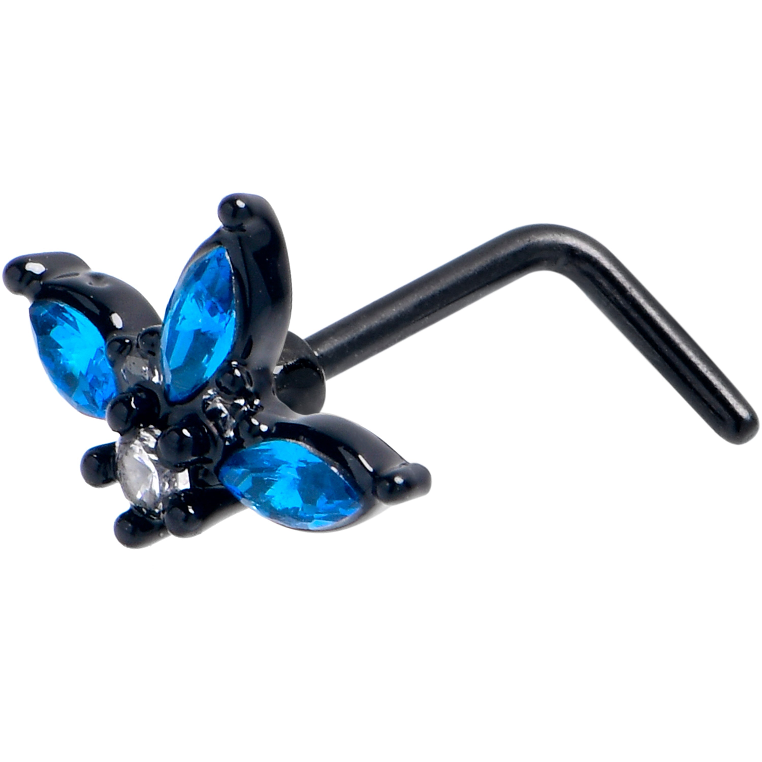 BodyCandy 20G 7mm Blue Clear Gem Black Goth Flower L Shape Nose Ring — main product shot