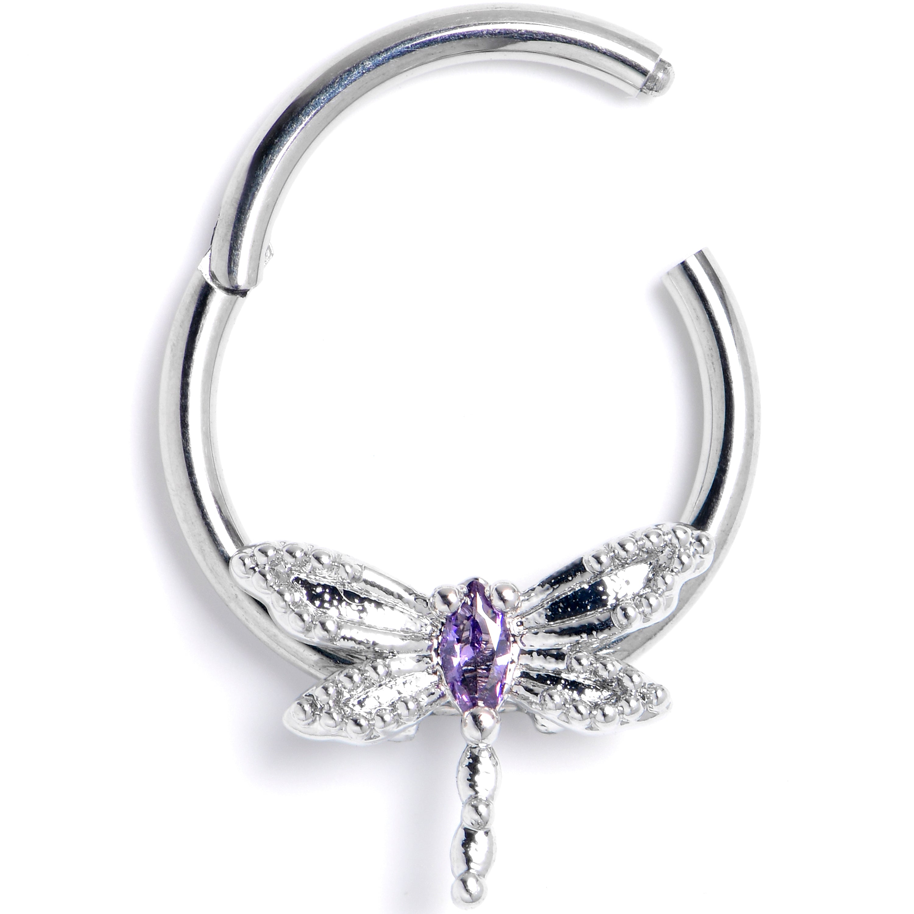 BodyCandy 16G 3/8 Purple Gem Texture Dragonfly Hinged Segment Ring — main product shot