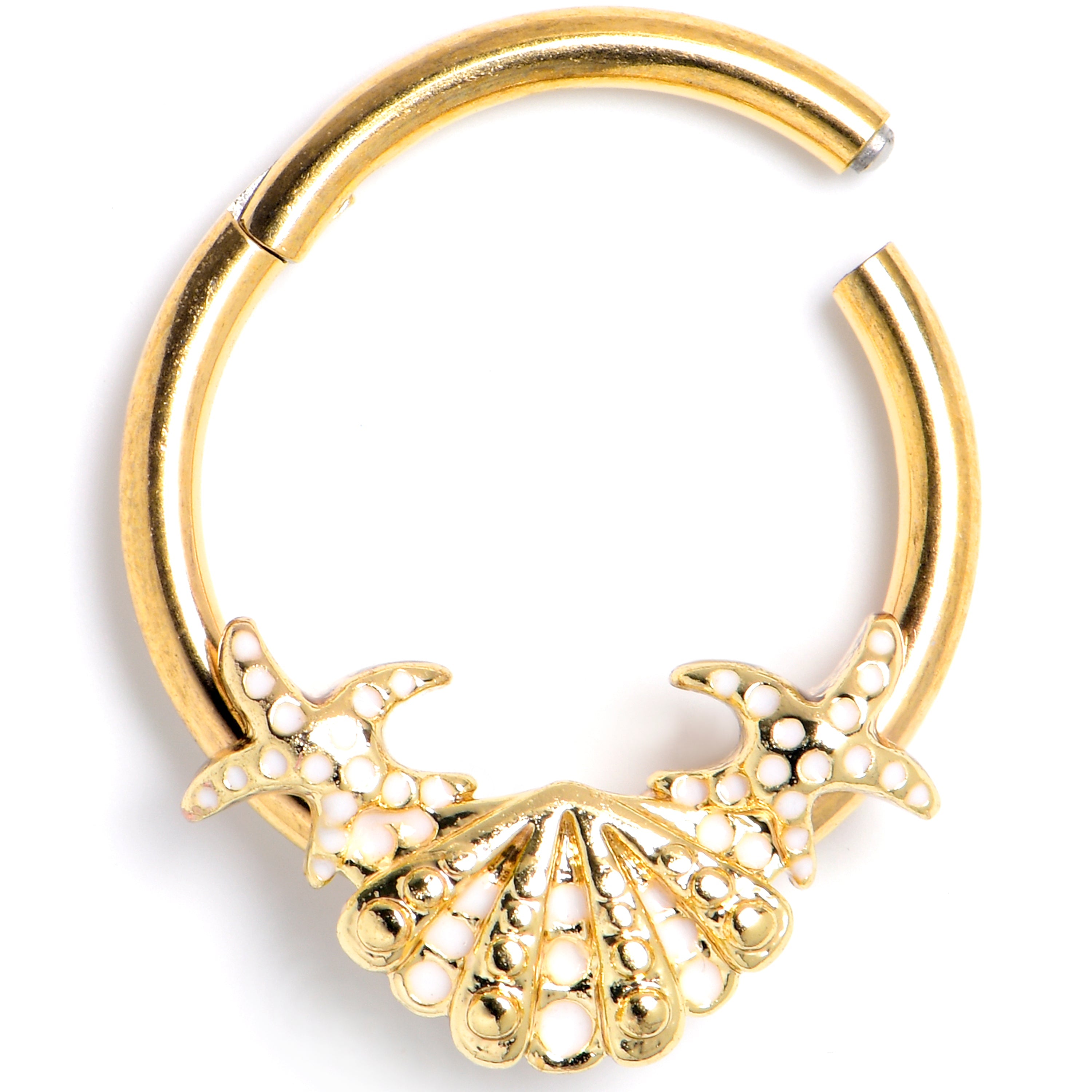 BodyCandy 16G 3/8 Gold Tone Luxe Sea Shell Glam Starfish Hinged Segment RIng — main product shot