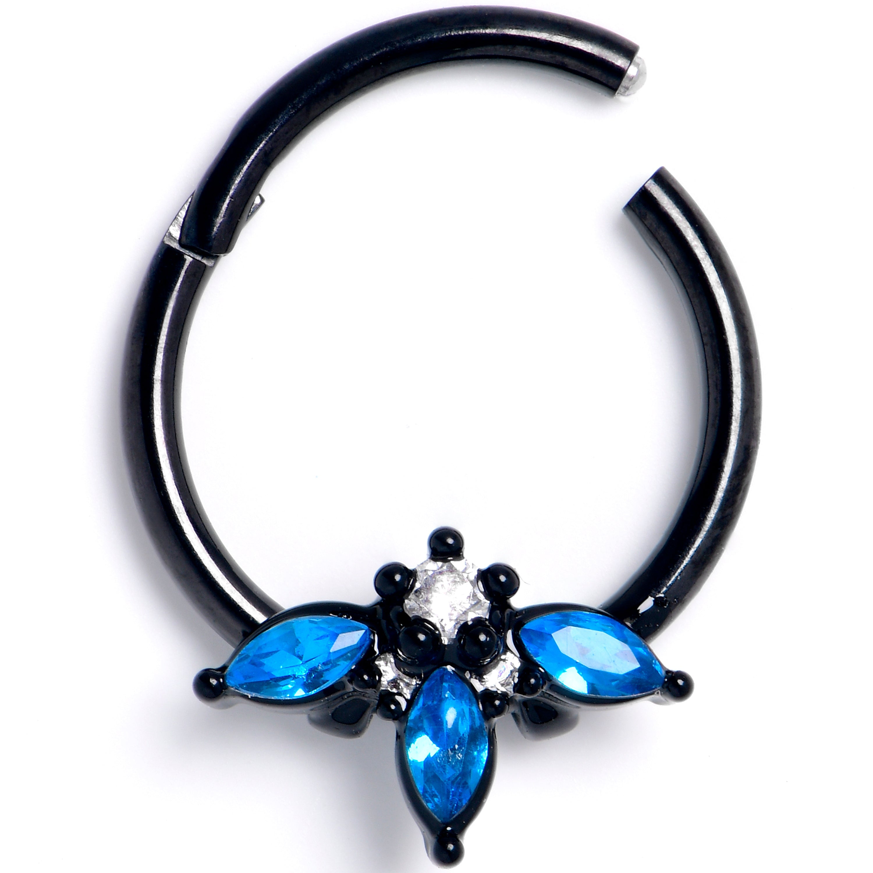 BodyCandy 16G 3/8 Blue Clear Gem Black Goth Flower Hinged Segment Ring — main product shot