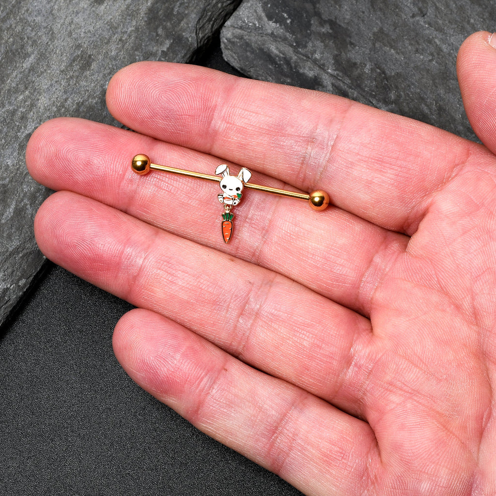 BodyCandy 14G Gold Tone Cutie Easter Bunny Dangle Industrial Barbell 38mm — detail close-up