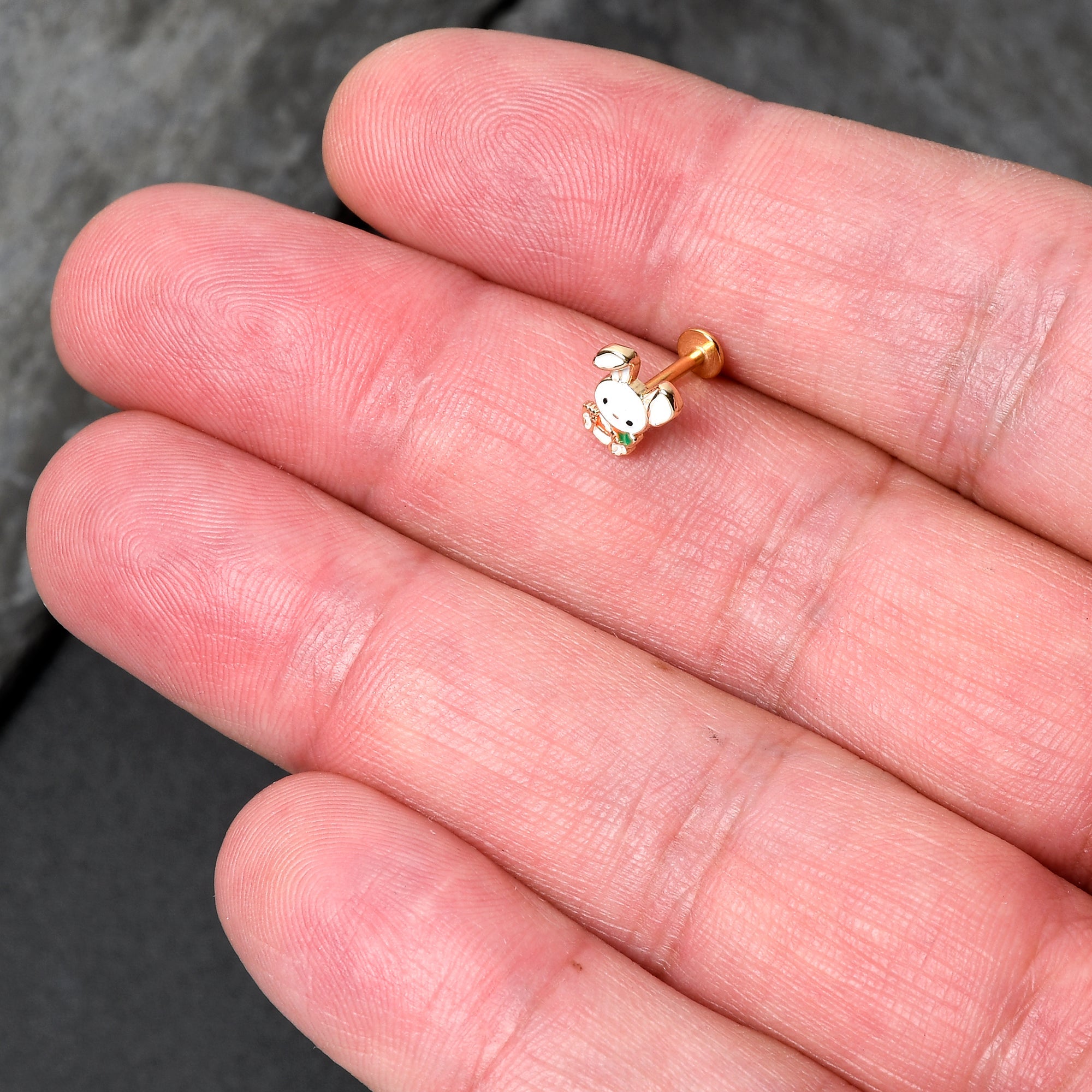 BodyCandy 16G 5/16 Gold Tone Cutie Easter Bunny Labret Monroe Tragus — detail close-up