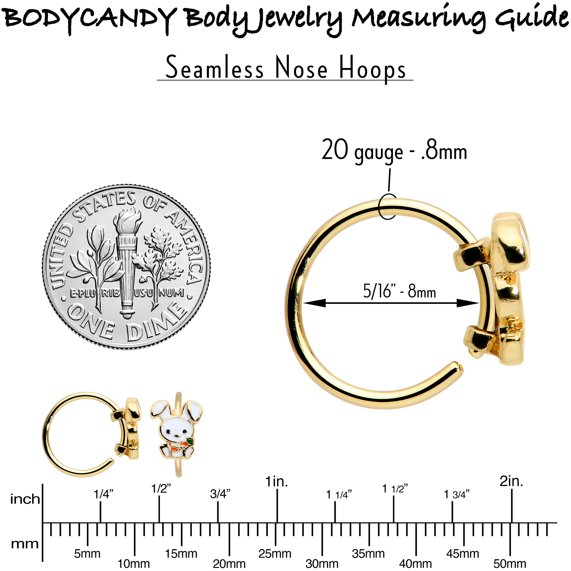 BodyCandy 20G 5/16 Gold Tone Cutie Easter Bunny Nose Hoop — size reference