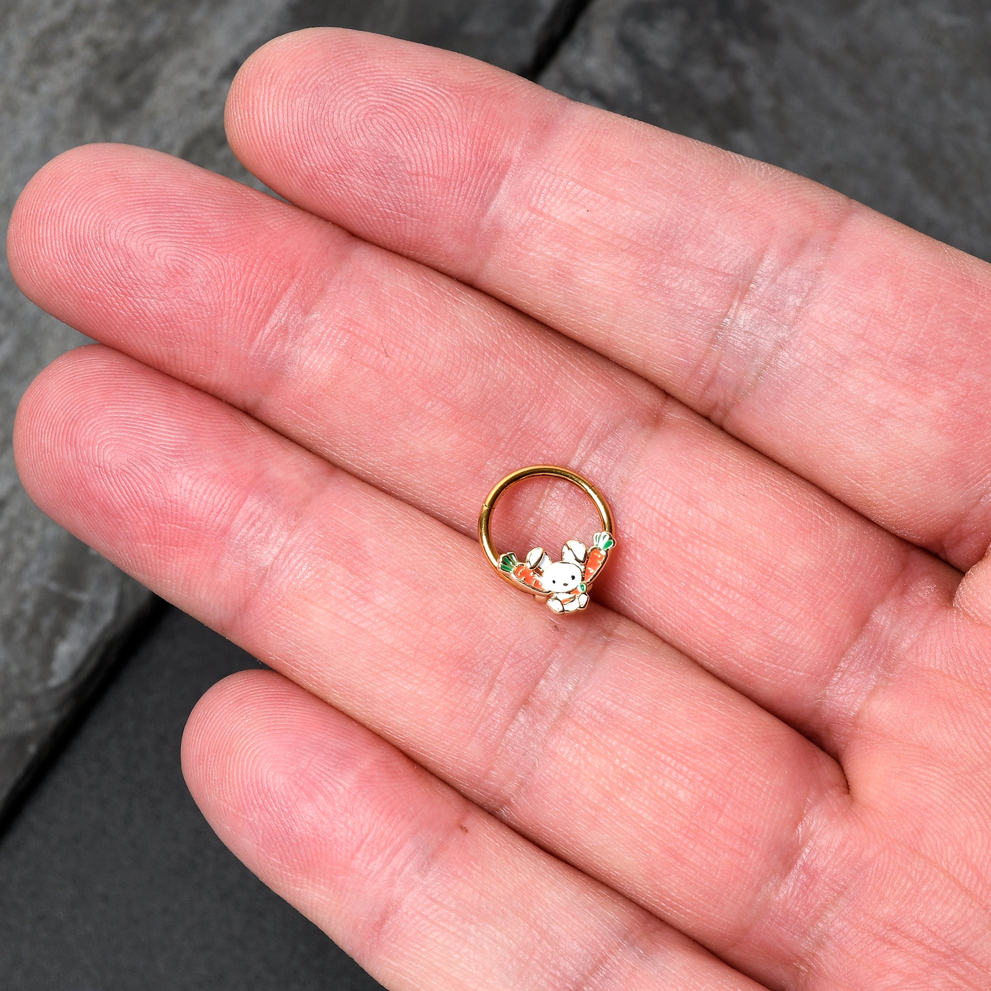 BodyCandy 16G 3/8 Gold Tone Cutie Easter Bunny Hinged Segment Ring — detail close-up