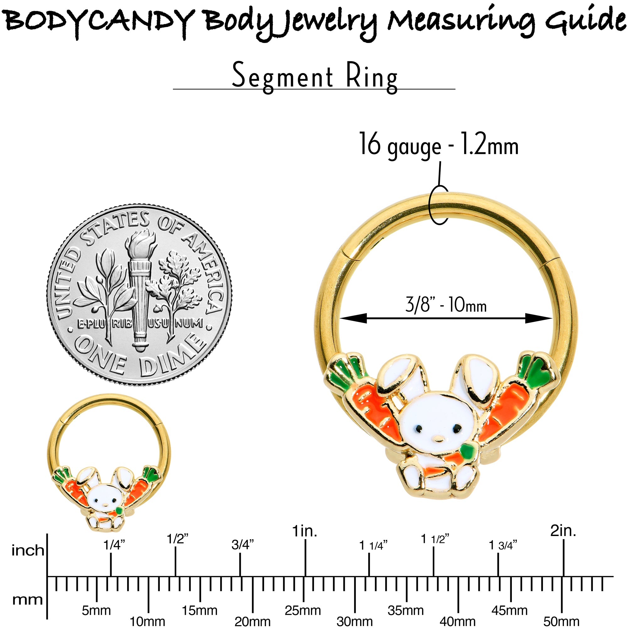 BodyCandy 16G 3/8 Gold Tone Cutie Easter Bunny Hinged Segment Ring — size reference