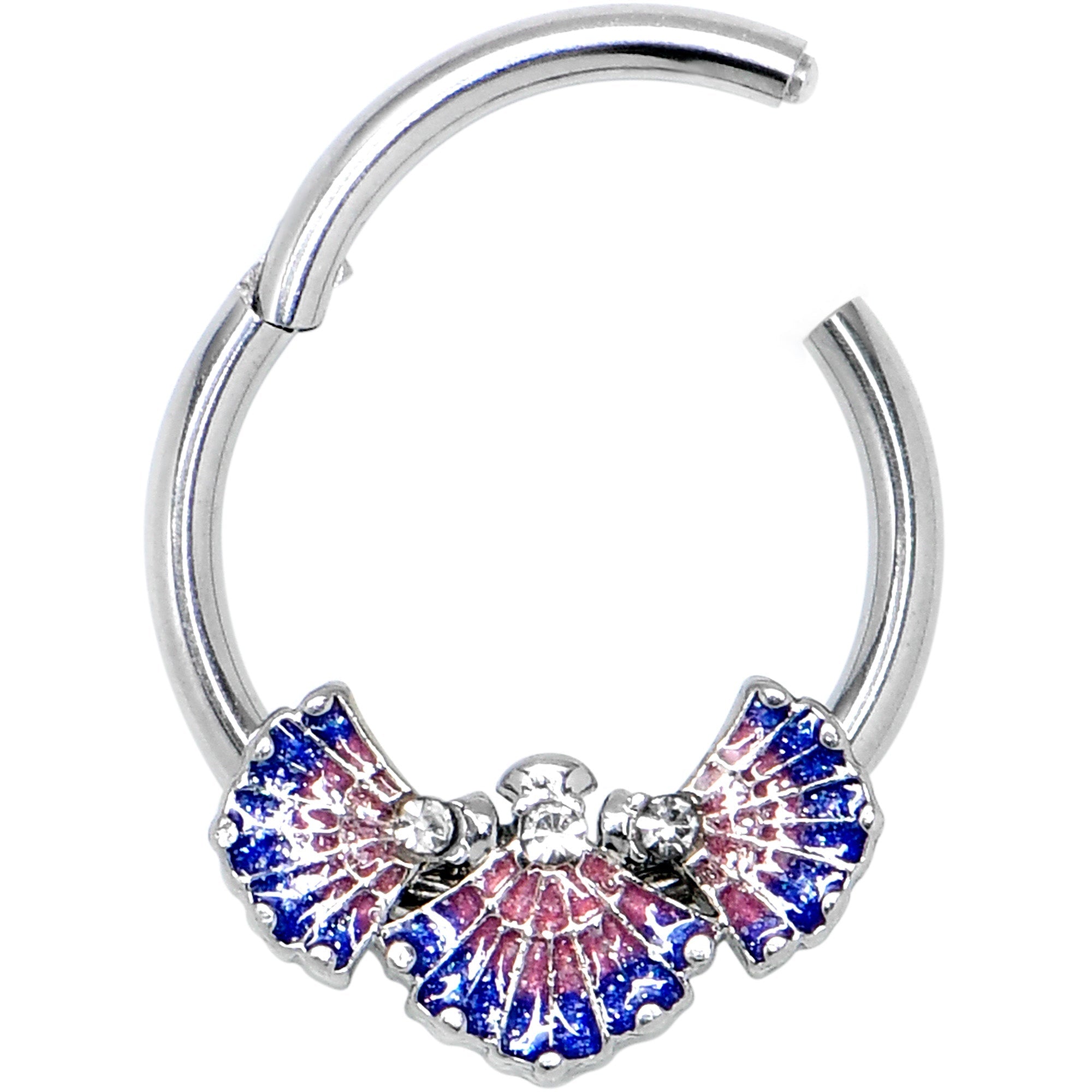 BodyCandy 16G 3/8 Clear CZ Gem Mesmerizing Sea Shells Hinged Segment Ring — detail close-up