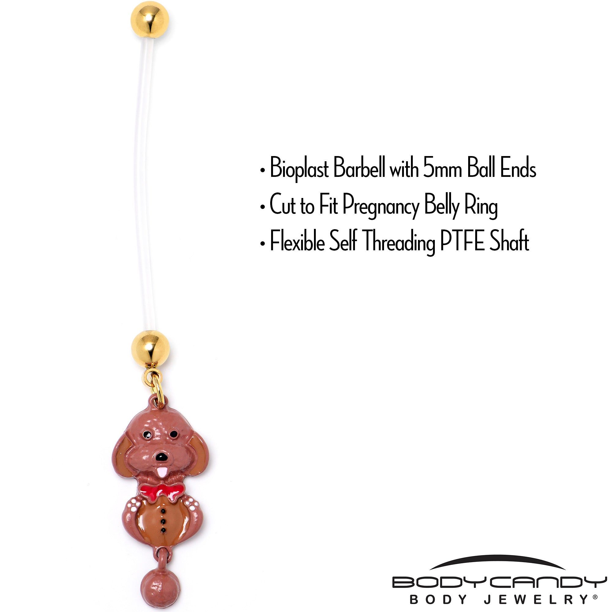 BodyCandy Brown Dog Red Bow Dangle PTFE Pregnancy Belly Ring — detail close-up