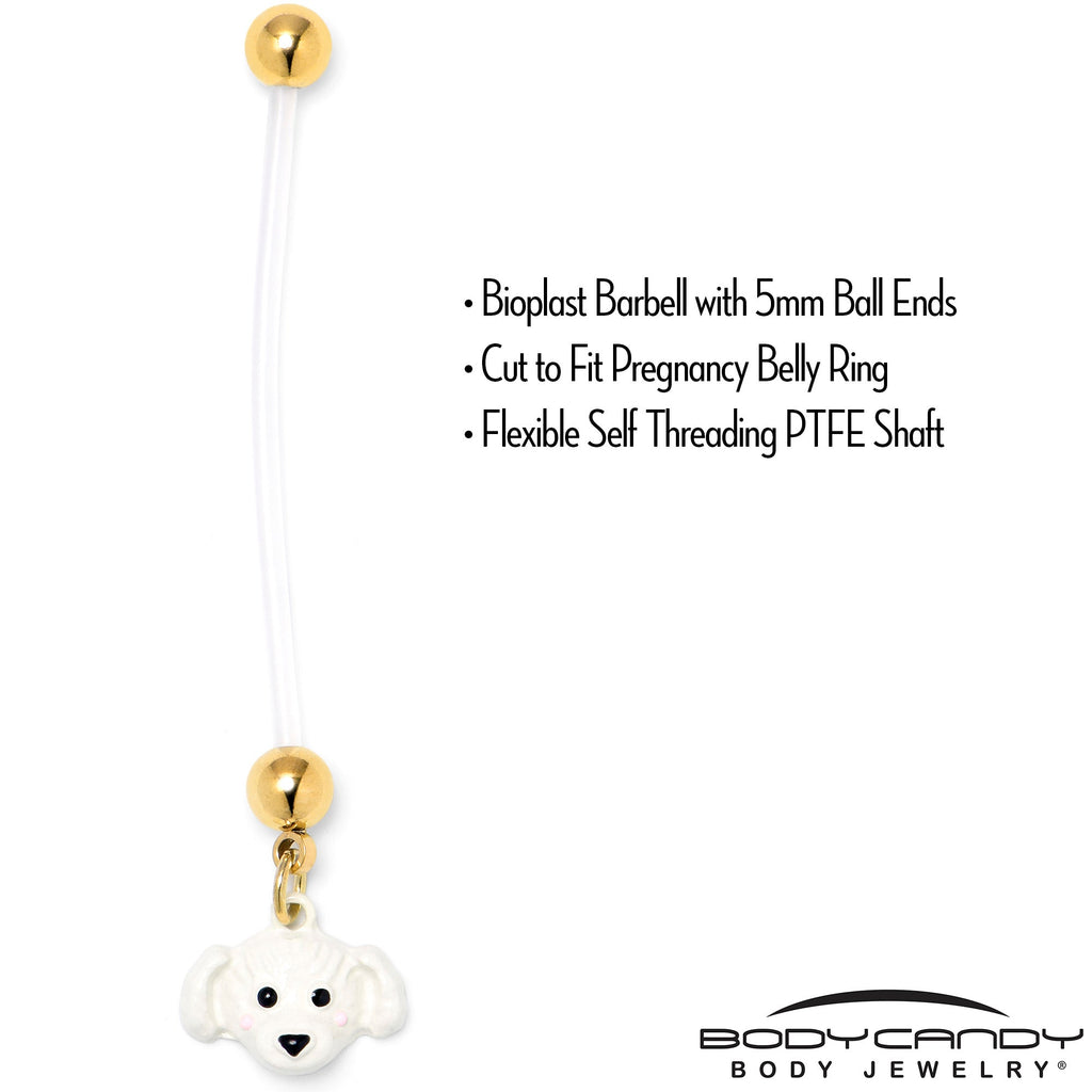 BodyCandy White Puppy Dog Face Dangle PTFE Pregnancy Belly Ring — detail close-up