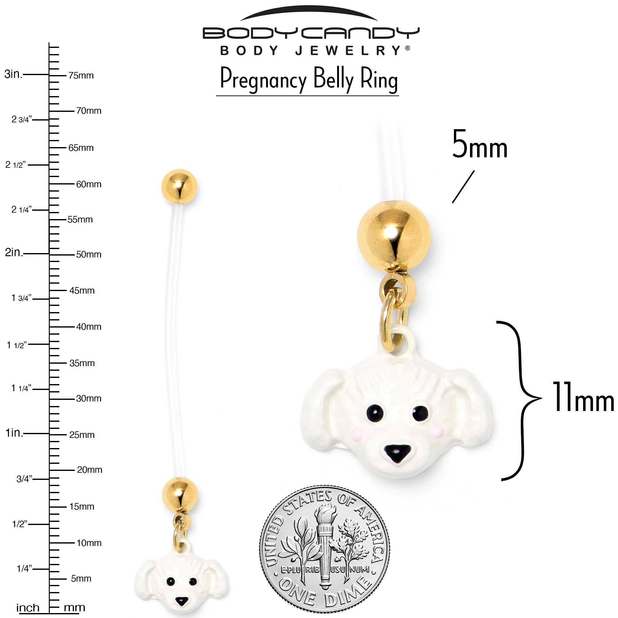 BodyCandy White Puppy Dog Face Dangle PTFE Pregnancy Belly Ring — lifestyle context