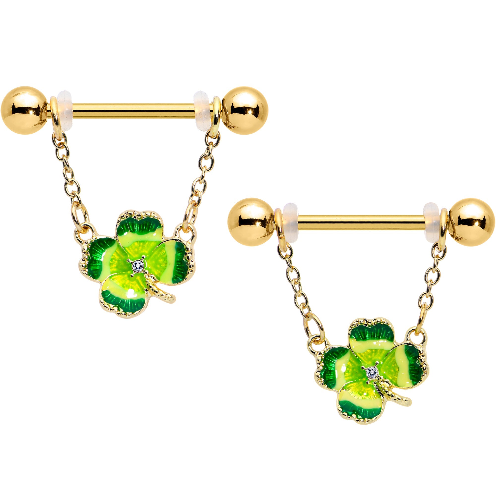 BodyCandy 14G 9/16 Clear Gem Gold Hue Lucky Shamrock Dangle Nipple Ring Set — main product shot