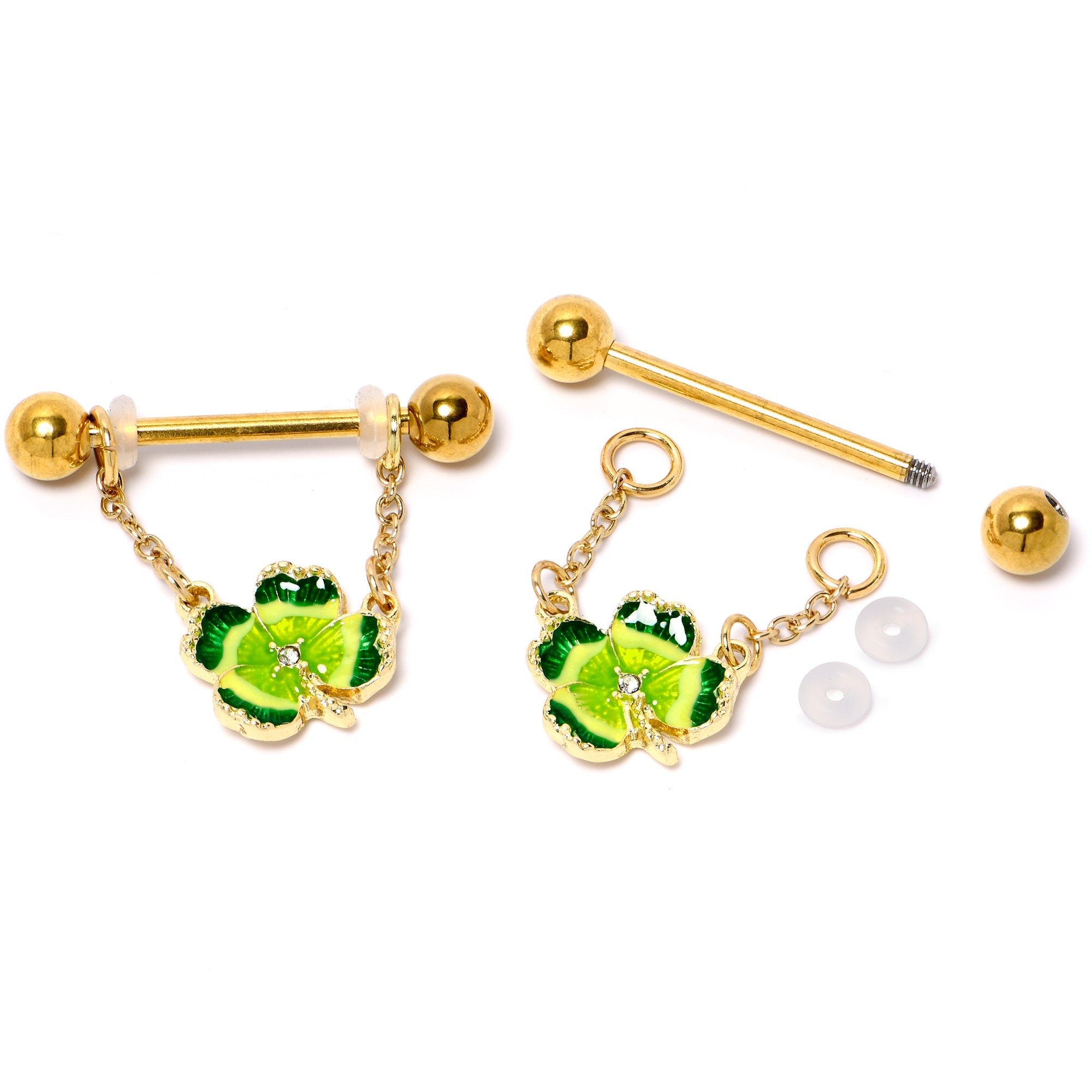 BodyCandy 14G 9/16 Clear Gem Gold Hue Lucky Shamrock Dangle Nipple Ring Set — lifestyle context