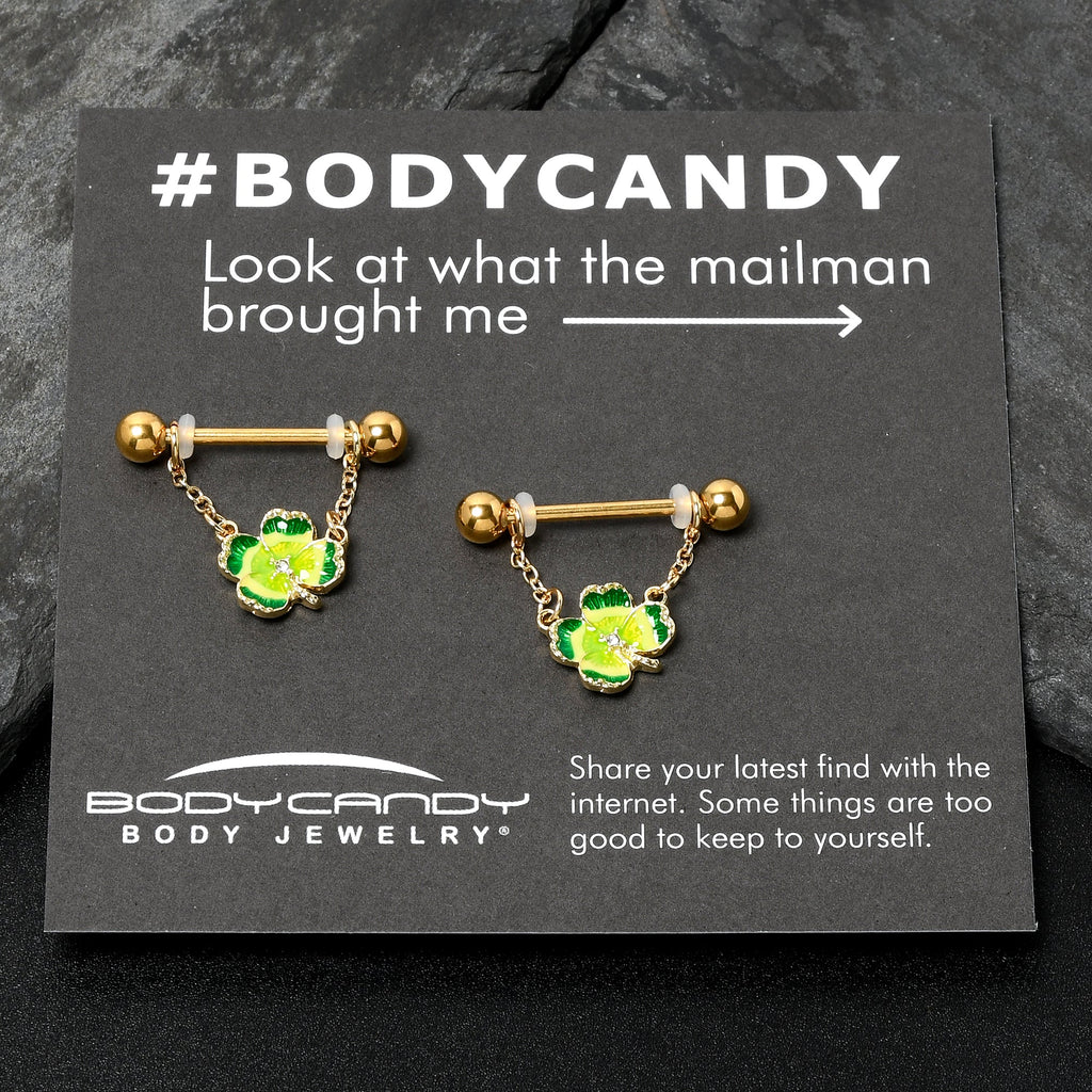 BodyCandy 14G 9/16 Clear Gem Gold Hue Lucky Shamrock Dangle Nipple Ring Set — side view